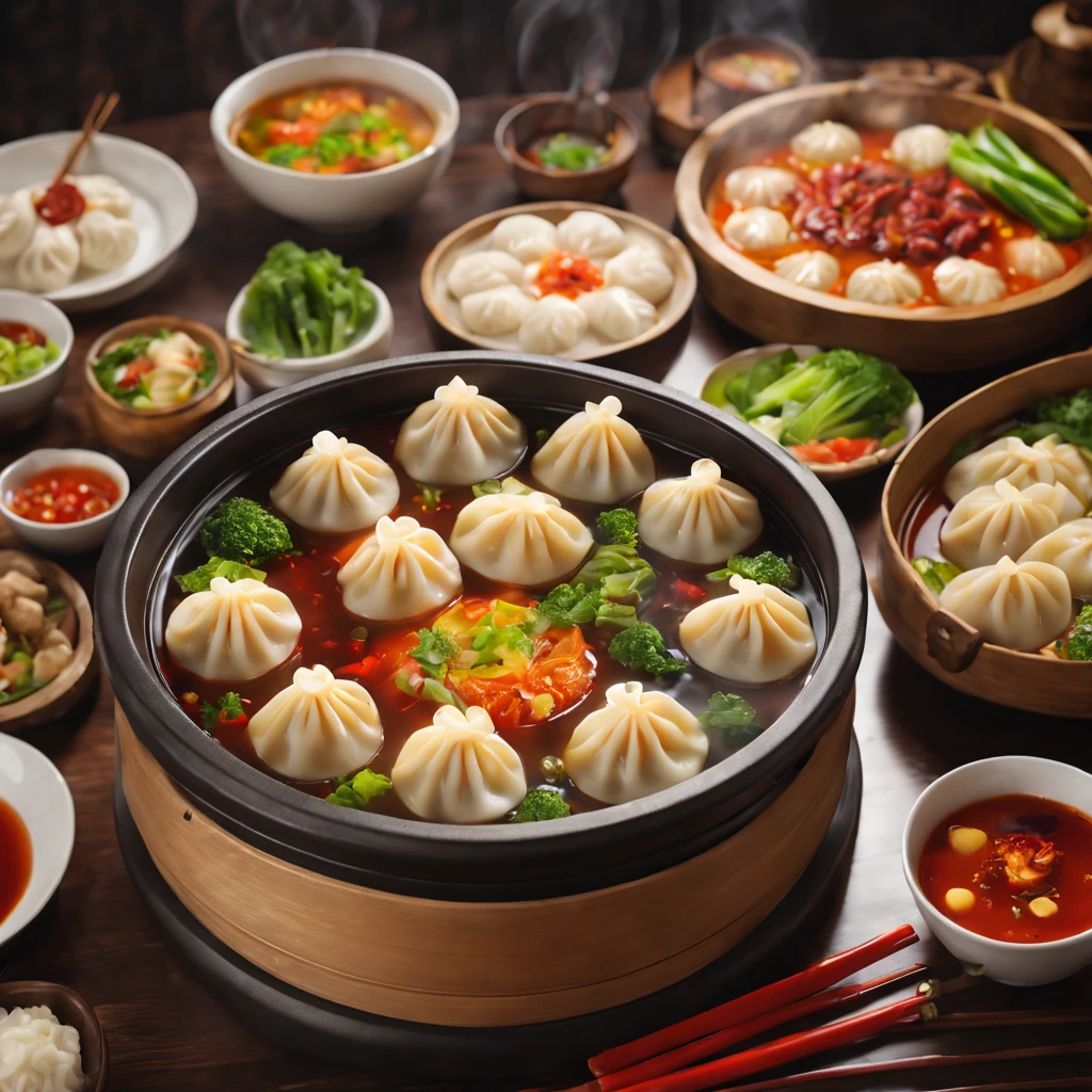 best quality,realistic,ultra-detailed,highres,(Chinese dumpling hot pot,traditional,detailed:1.1),vivid colors,studio lighting,portrait,bokeh,delicious food,elaborate condiments,steaming hot,rich broth,fresh ingredients,abundance of vegetables,spicy and flavorful,authentic Chinese cuisine,enticing aroma,mouthwatering presentation,traditional red and gold decor,lively dining atmosphere,social gathering,exquisite culinary experience,pleasurable meal,shared enjoyment,memorable moments