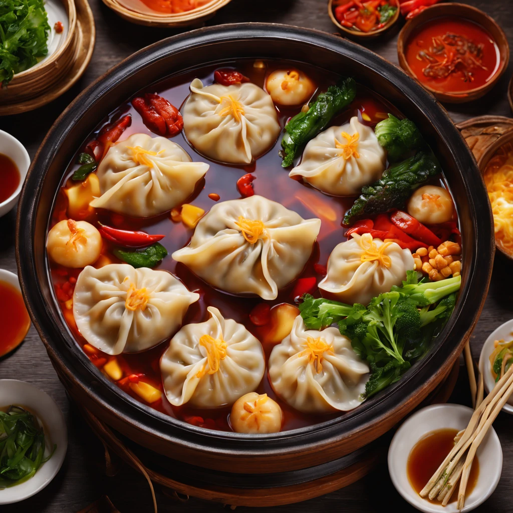 best quality,realistic,ultra-detailed,highres,(Chinese dumpling hot pot,traditional,detailed:1.1),vivid colors,studio lighting,portrait,bokeh,delicious food,elaborate condiments,steaming hot,rich broth,fresh ingredients,abundance of vegetables,spicy and flavorful,authentic Chinese cuisine,enticing aroma,mouthwatering presentation,traditional red and gold decor,lively dining atmosphere,social gathering,exquisite culinary experience,pleasurable meal,shared enjoyment,memorable moments