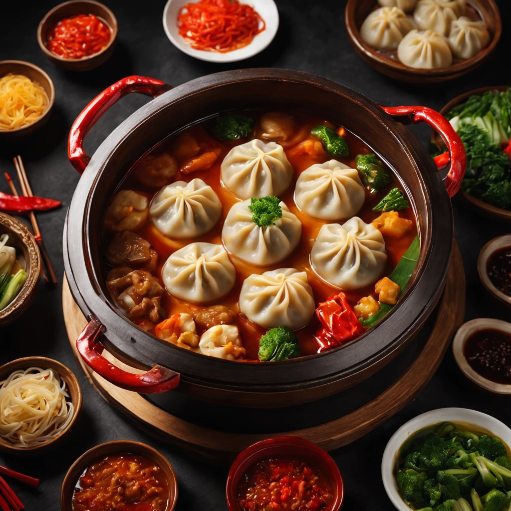 best quality,realistic,ultra-detailed,highres,(Chinese dumpling hot pot,traditional,detailed:1.1),vivid colors,studio lighting,portrait,bokeh,delicious food,elaborate condiments,steaming hot,rich broth,fresh ingredients,abundance of vegetables,spicy and flavorful,authentic Chinese cuisine,enticing aroma,mouthwatering presentation,traditional red and gold decor,lively dining atmosphere,social gathering,exquisite culinary experience,pleasurable meal,shared enjoyment,memorable moments