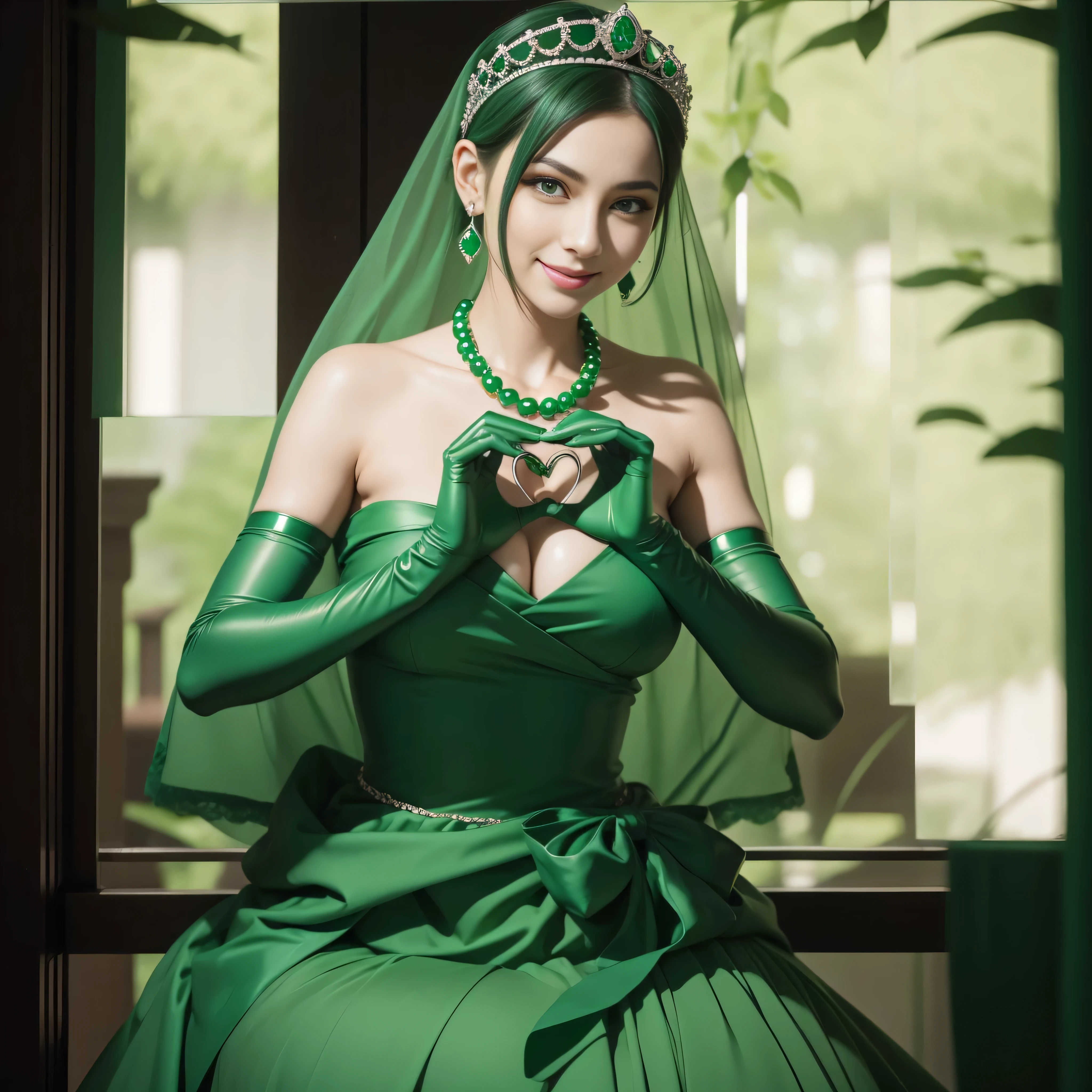 emerald tiara, Green Pearl Necklace, Boyish very short green hair, lipsticks, Japan woman smiling, very short short hair, big breasts beautiful, Green eyes, Long green gloves made of satin material, Green eyes, Emerald Earrings, green vale, 両Heart in the hand, Heart in the hand