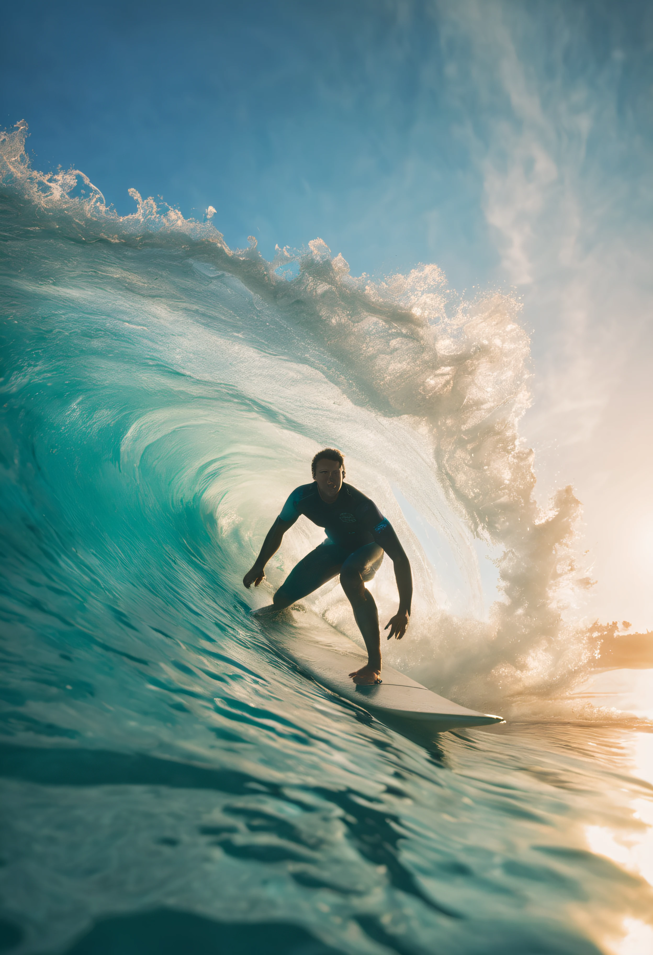A hawaiian scene with a surfer riding a turquoise wave in cinematic lighting, sun through the water