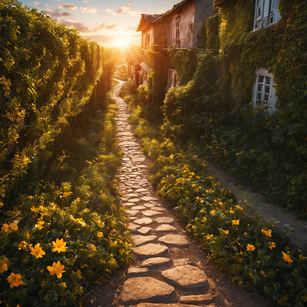 Octano, heaven, Paisagem, 1girl "Alexandra Daddario", perto de FLORES brancas，e o sol brilhava intensamente，The light from the back window is backlighted, Existe um caminho no meio do mar de flores，there is space between，There is a path in the center of the screen，The path leads to the distance，Quase real e muito virtual，FLORES brancas，There&#39;uma estrada no meio que leva para longe，the setting sun，变得 and the sun shone brightly，rico em detalhes，fotorrealista，Realismo，4K分辨率，textura rica，The painting style is smooth