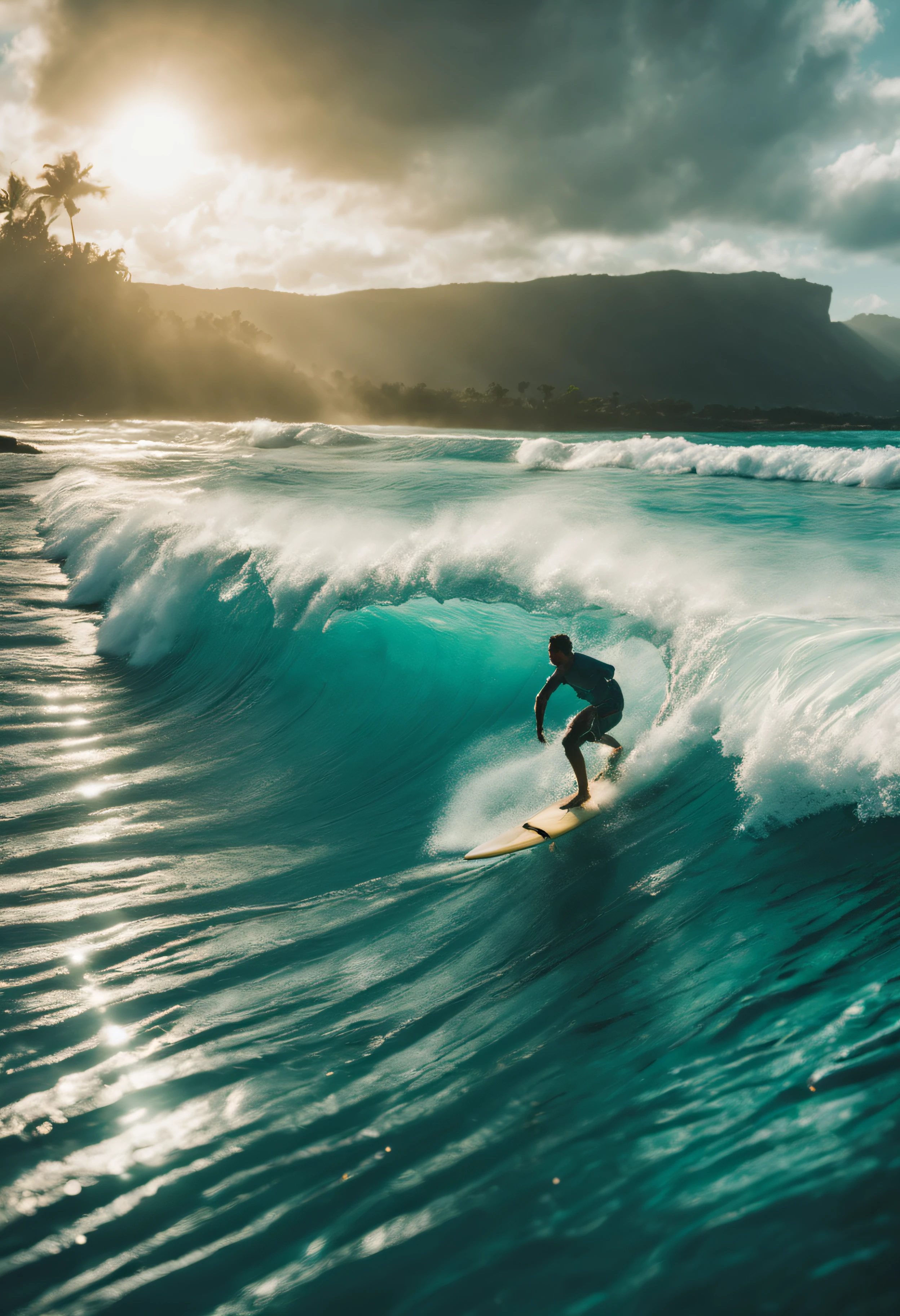 A hawaiian scene with a surfer riding a turquoise wave in cinematic lighting, sun through the water