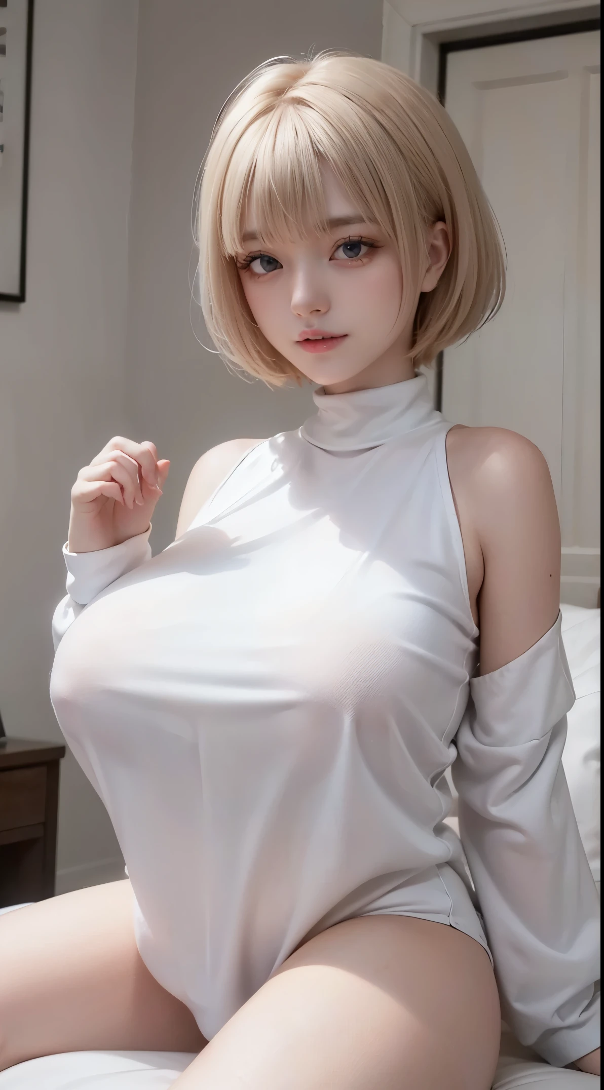 ( face, virgin face, Masterpiece, High resolution, 8k, 1 girl, ultra Detailed, Fine skin, white skin, Brighten the subject, cinematic lights, beautiful face, Detailed eyes, lip gloss), (((Detailed anatomy))), blonde hair, Pixie hair, Silky straight hair, blunt bangs, Very short hair, Blue eyes, (slender body), (((Huge tits))), photography, (focus upper body), Sweet smile, looking at viewer, Wearing a white knit long sleeve, Wearing a white knit long sleeve, Bare neck, Bare shoulder and neck, Blonde hair, Pixie hair, Silky straight hair, blunt bangs, Very short hair, blunt bangs, seduction, sitting on bed, Spread up her legs wide, Spread up her legs wide, Spread up her legs wide, Pixie hair, Very short hair, ((()Saggy breast:1.5))