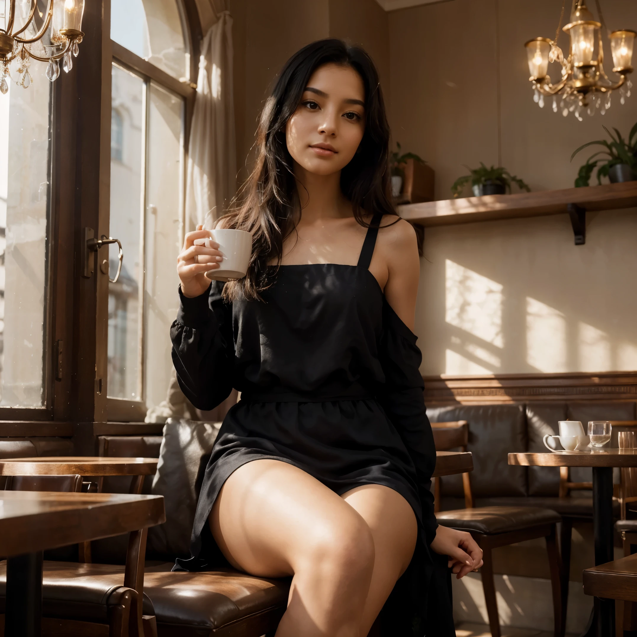 high quality, highly detailed composition, a young beautiful woman, with her silky skin emitting a celestial glow, sits gracefully in a café, becoming a beacon of enchantment, Delicate brushstrokes accentuate the intricate details, bringing out the mesmerizing beauty that defines her presence, The luminescent black hair cascades gracefully as she enjoys a quiet moment with a cup of tea, adding to the overall aura of magic and wonder that envelops her, A subtle play of light and shadow suggests the serene atmosphere of the café, setting the stage for a narrative where enchantment meets the ordinary, inviting viewers to delve into a realm of serene magic, awesome full color,