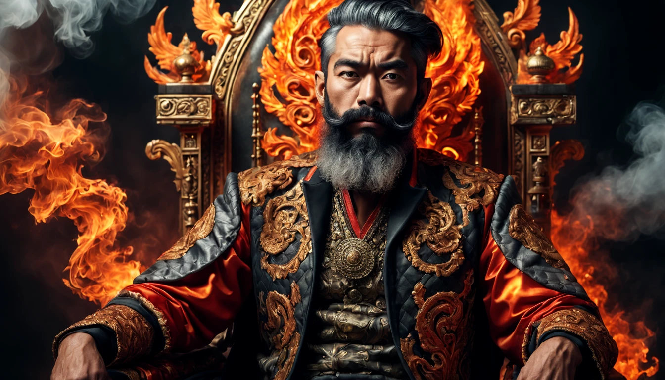 The image of a (athletic, bearded, 50s) Malay man (sitting with crossed legged) , and wearing elaborate clothing with detailed texture. (Fiery with smoke) surround the base of the ultra detailed throne, creating a dramatic effect. ultrarealistic, 8k, high dynamic, raytracing