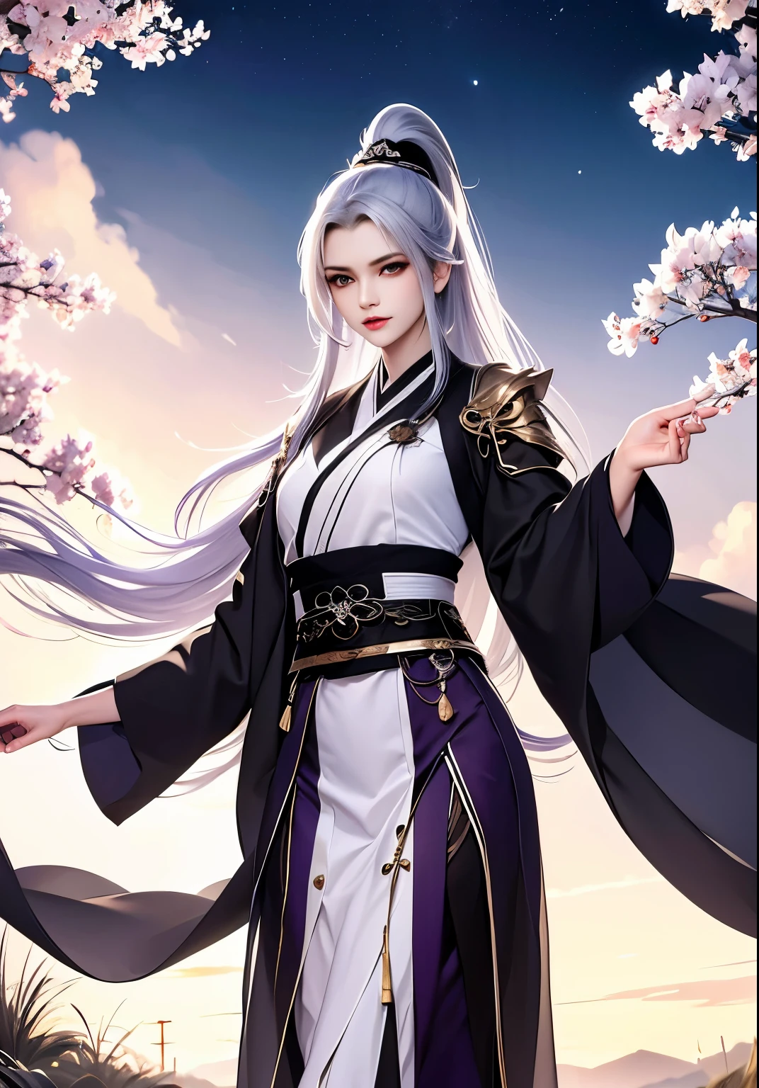 Best image quality，Purple long sleeve hanfu，A woman with white hair，Wear long white gloves，Walk in the forest，nevando，the night，starrysky