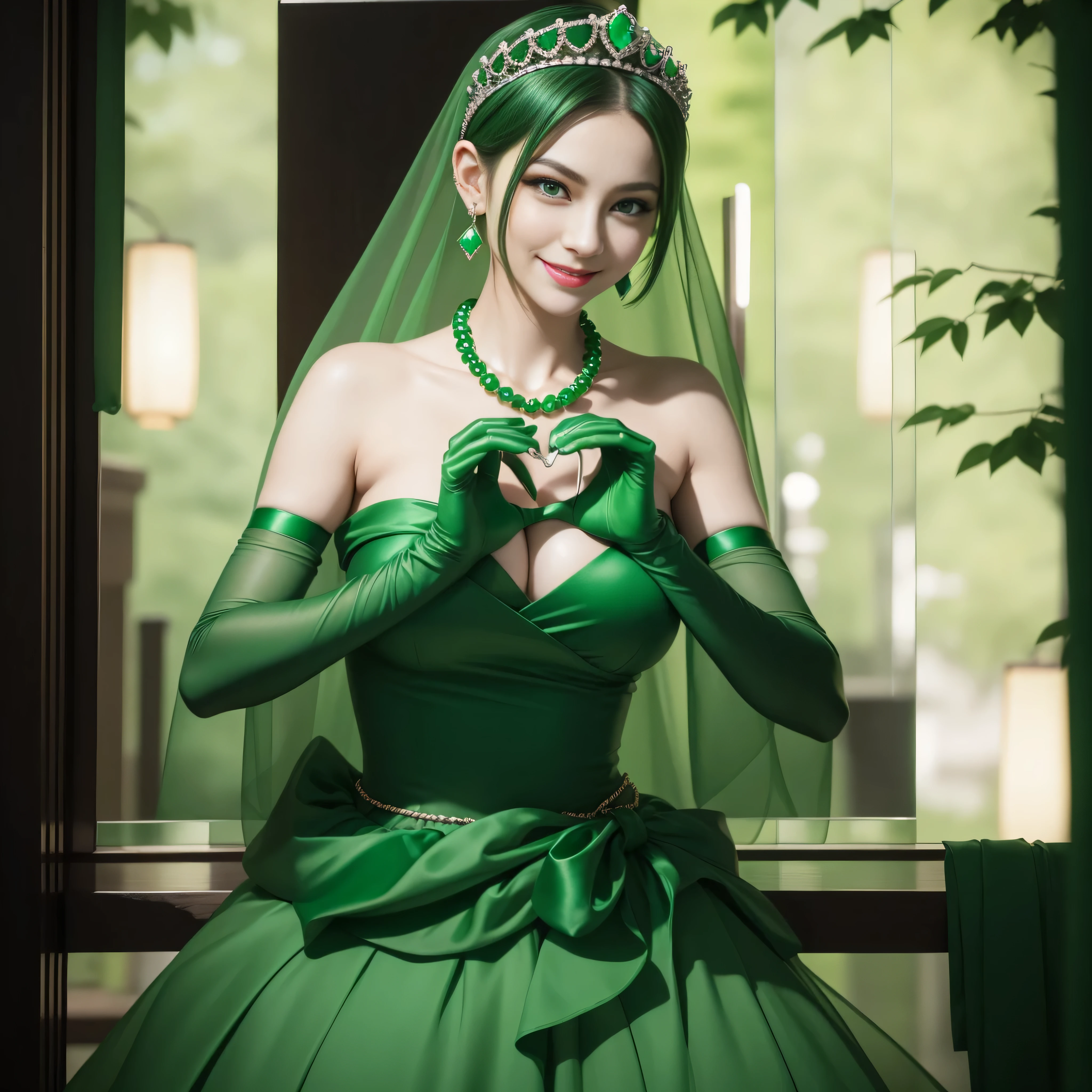 emerald tiara, Green Pearl Necklace, Boyish very short green hair, lipsticks, Japan woman smiling, very short short hair, big breasts beautiful, Green eyes, Long green gloves made of satin material, Green eyes, Emerald Earrings, green vale, 両Heart in the hand, Heart in the hand