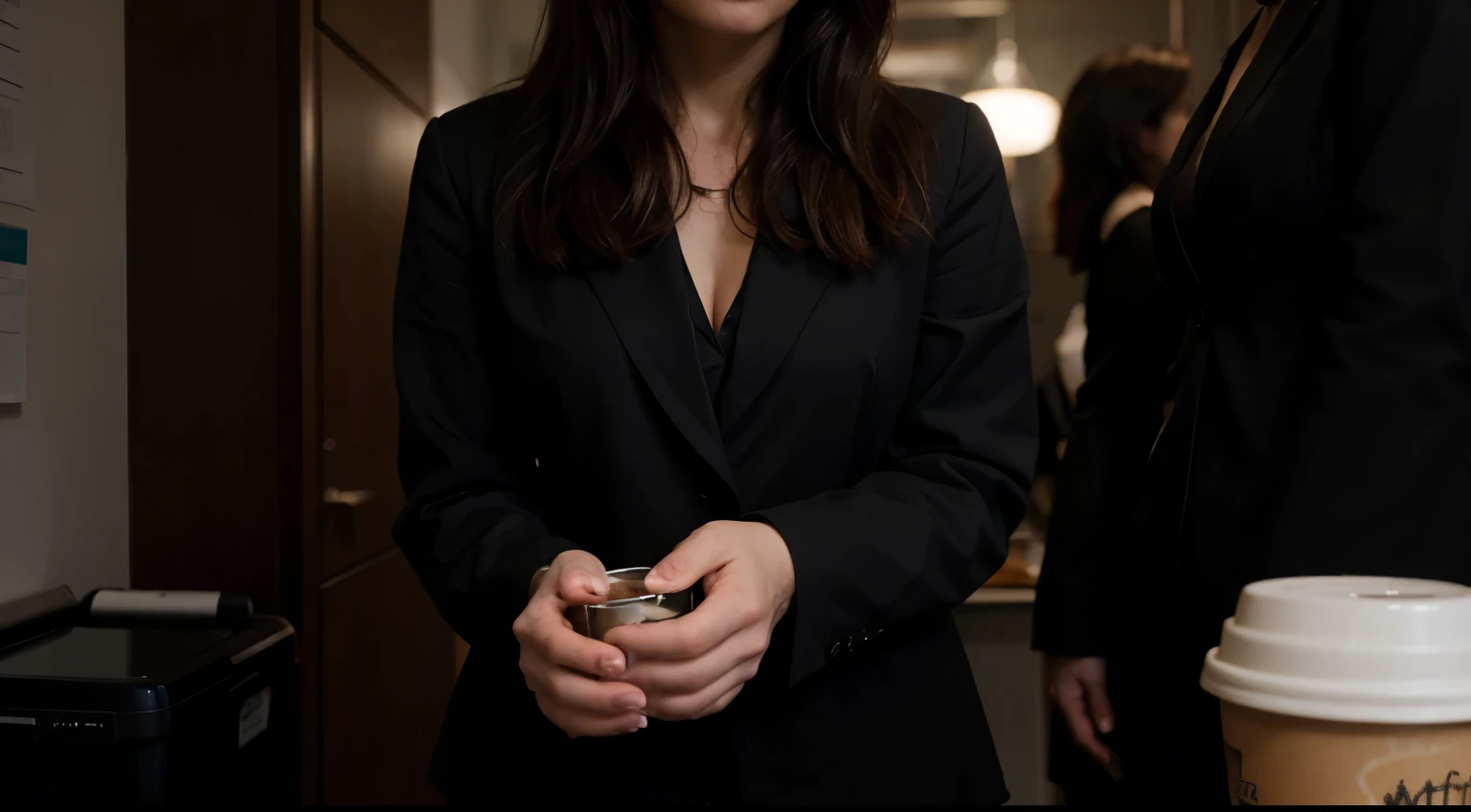 Establish a dimly lit office space, Close-up of SARAH's hand reaching for the communal coffee pot, emphasizing her desperate need for caffeine, black business suit, She stumbles towards her cubicle,8k ultra HD image, cinematic composition, realistic photograph, highly detailed image.