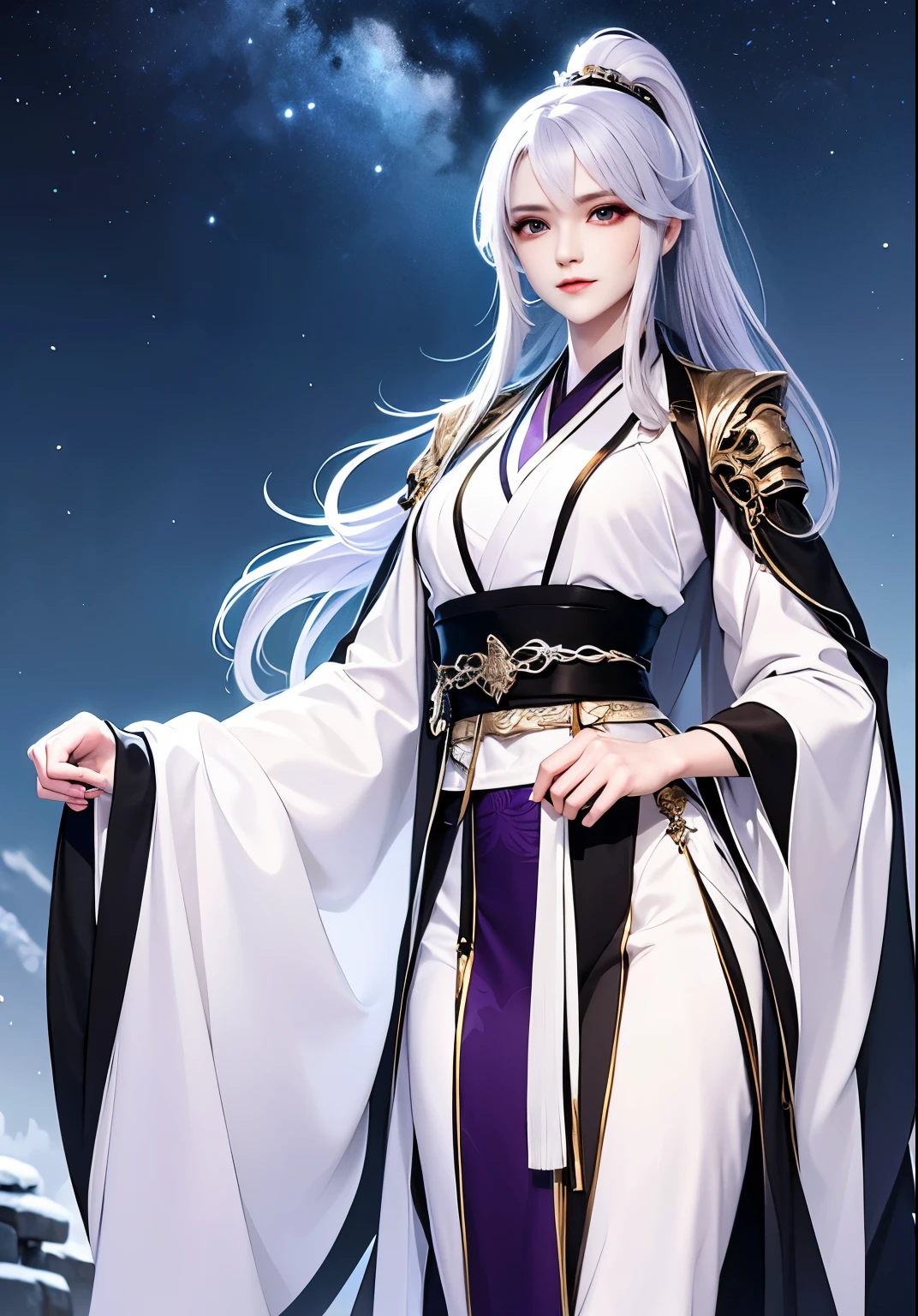 Best image quality，Purple long sleeve hanfu，A woman with white hair，Wear long white gloves，Walk in the forest，nevando，the night，starrysky