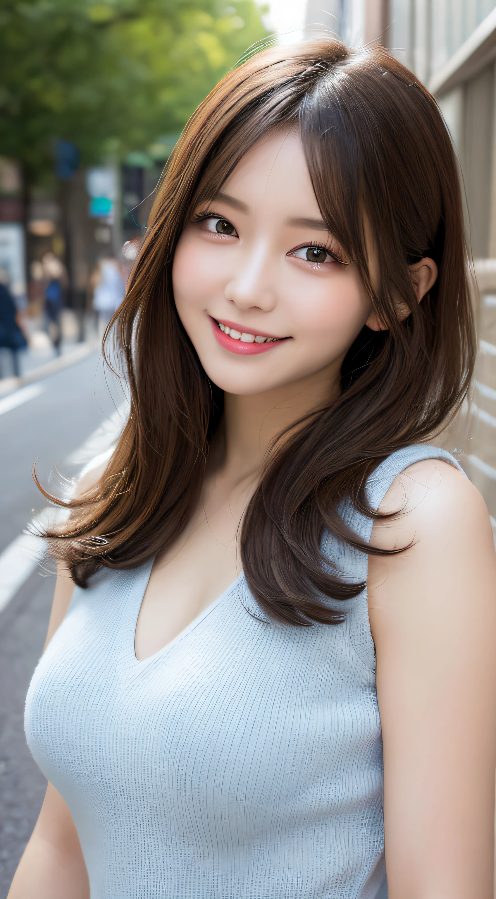 masutepiece, Best Quality, Illustration, Ultra-detailed, finely detail, hight resolution, 8K Wallpaper, Perfect dynamic composition, Beautiful detailed eyes, doress,Medium Hair, Big breasts, Natural Color Lip, Random and sexy poses,Smile,Aoyama Street Walk、20 years girl