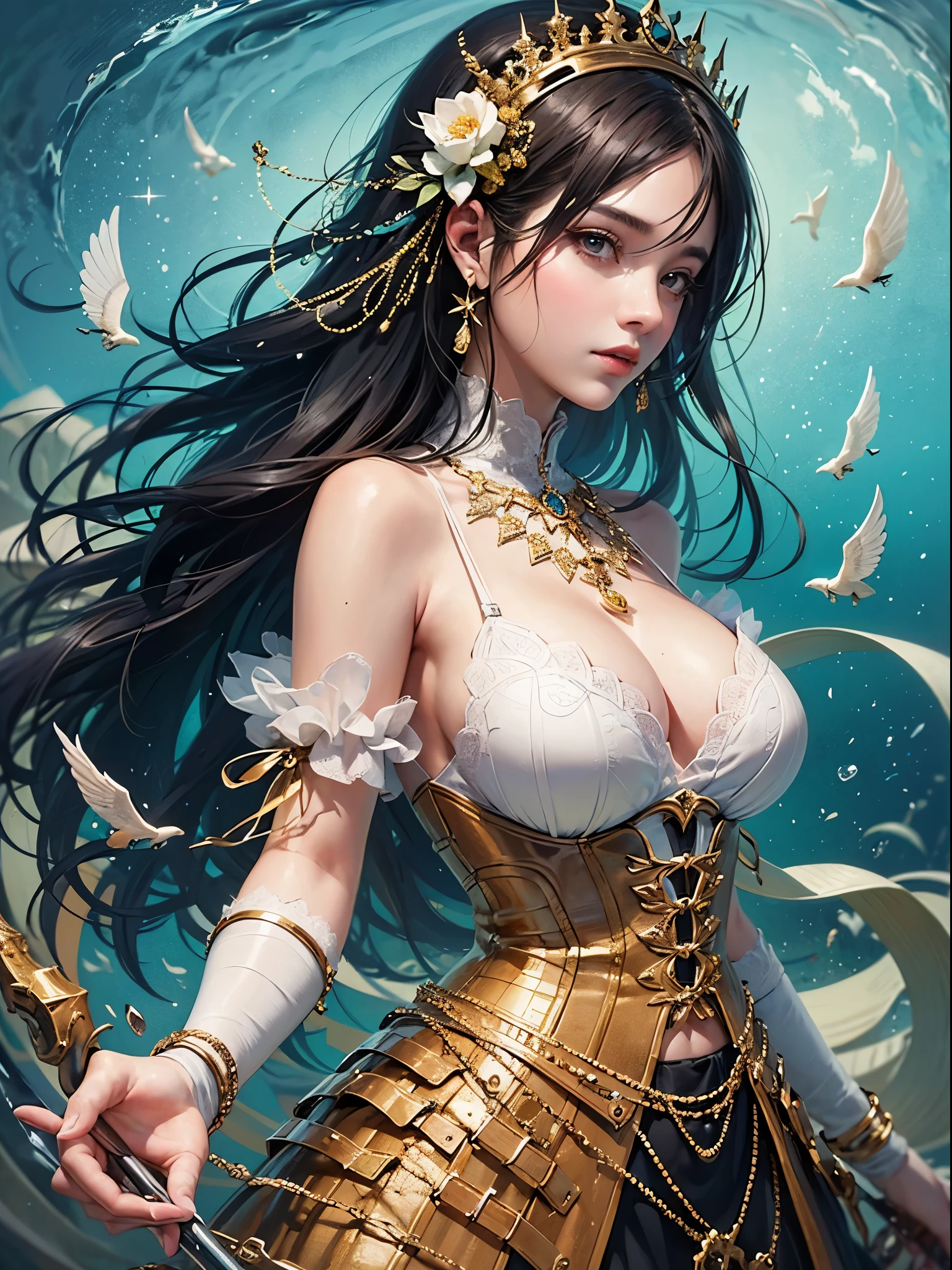 art, Unity 8k壁纸, Ultra-detailed, Beautiful and aesthetically pleasing, (s fractal art: 1.3), flower, girls, (Hairstyles: Long hair) Ocean, Extremely detailed, Cowboy shot, The most beautiful, Seafoam, Buble, cute big breasts, ultra quality, random background, random dress, --auto --s2