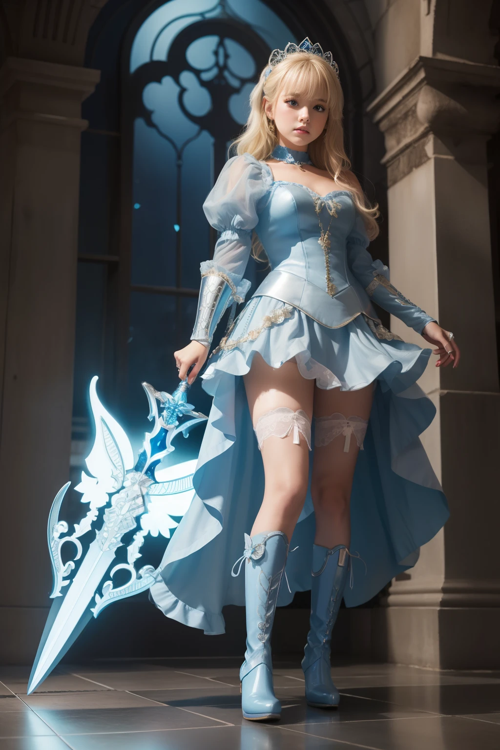 cinderella night、full body Esbian、、armor mini dress fluorescent blue）、、、、Light blonde hair、Glass Sword、glass boots