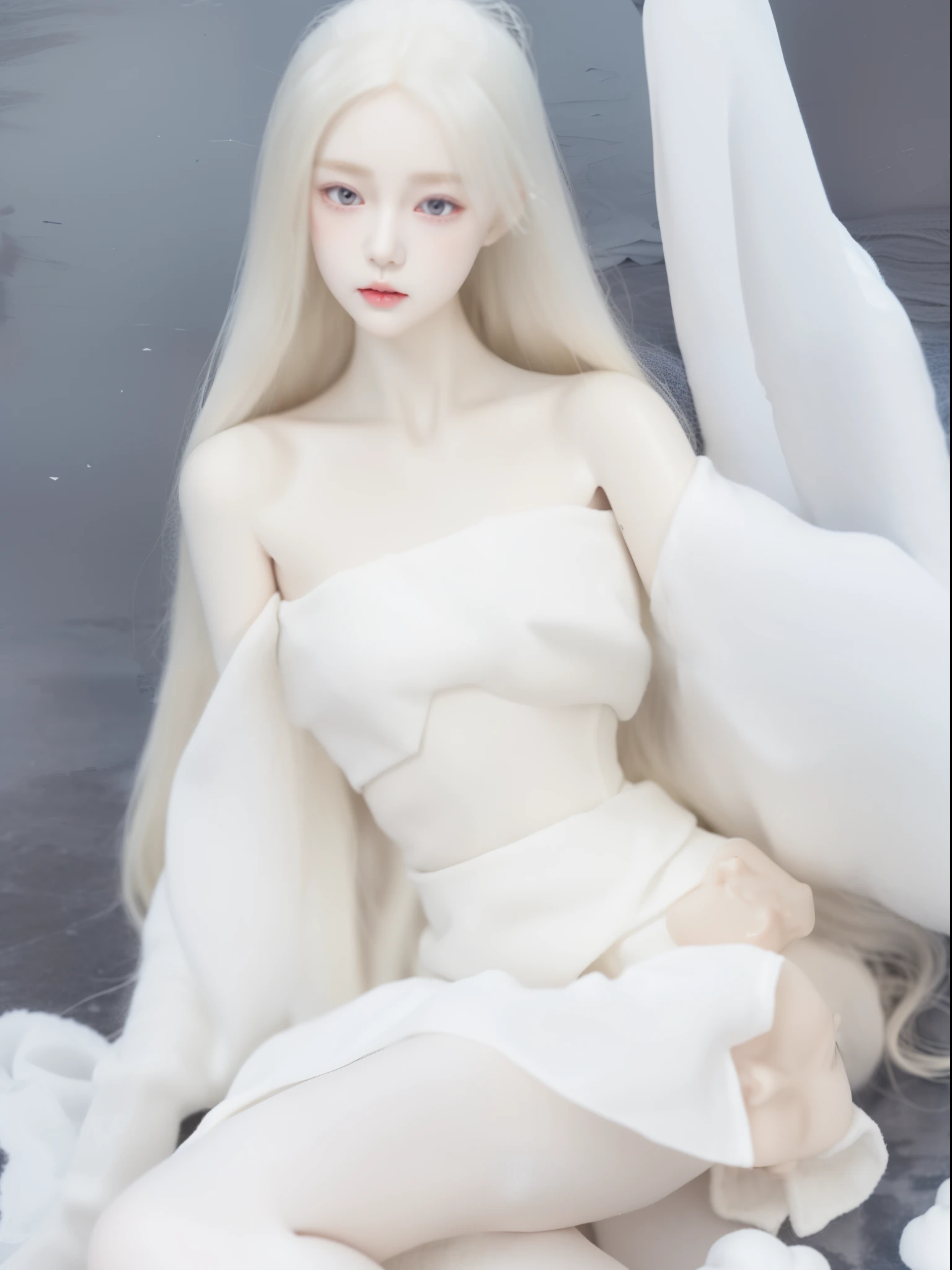 A blonde long-haired、Doll in white sweater and skirt, pale porcelain white skin, Art dolls, pale milky white porcelain skin, with fair skin雪白, ivory pale skin, porcelain white skin, Elegant lady with alabaster skin, ball jointed doll, porcelain white skin, 白化病 with fair skin, anime barbie white, Pale young ghost girl, with fair skin!!