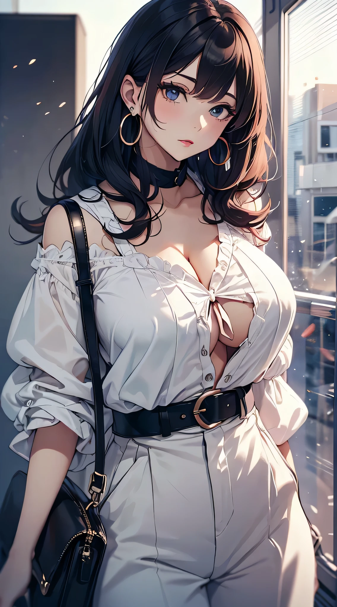 top-quality、Top image quality、masterpiece、age girl((White shirt、Long black trousers、18year old、 Ager、Best Bust、big bast,Black eyes, Red hair、blue hairs、A slender,Large valleys、red lipstick makeup on eyelids、Cute earrings、銀の腕時計、Bring your chest together、Stylish shoulder bag、Red mesh、Leaning forward)),hiquality、Beautiful Art、Background with((white wall for photography、Multiple cameras、Shooting range))masterpiece、depth of fields,Cinematic style