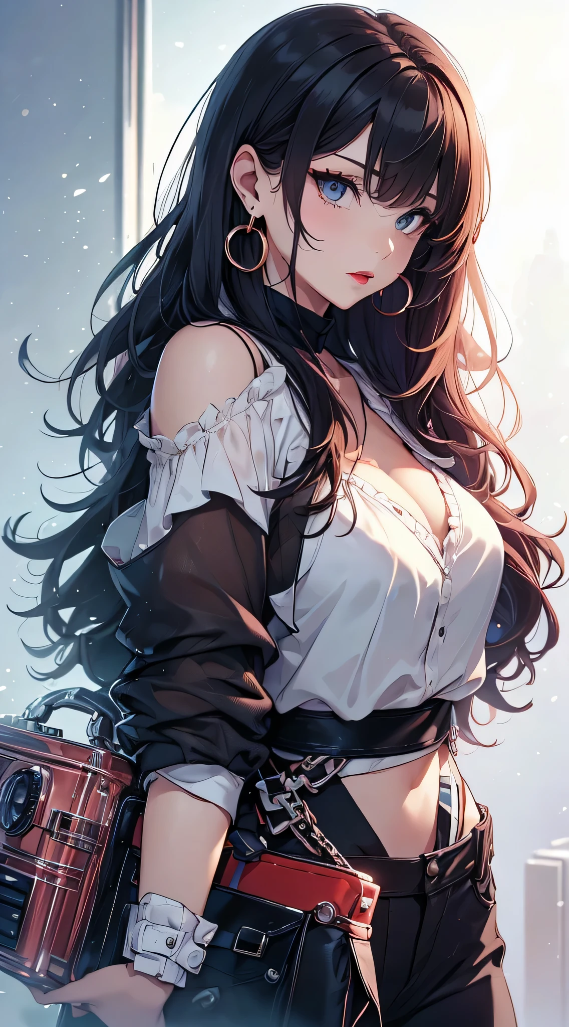 top-quality、Top image quality、masterpiece、Teenage girl((White shirt、Long black trousers、18year old、 Ager、Best Bust、big bast,Black eyes, Red hair、blue hairs、A slender,Large valleys、red lipstick makeup on eyelids、Cute earrings、銀の腕時計、Bring your chest together、Stylish shoulder bag、Red mesh、Leaning forward)),hiquality、Beautiful Art、Background with((white wall for photography、Multiple cameras、Shooting range))masterpiece、depth of fields,Cinematic style