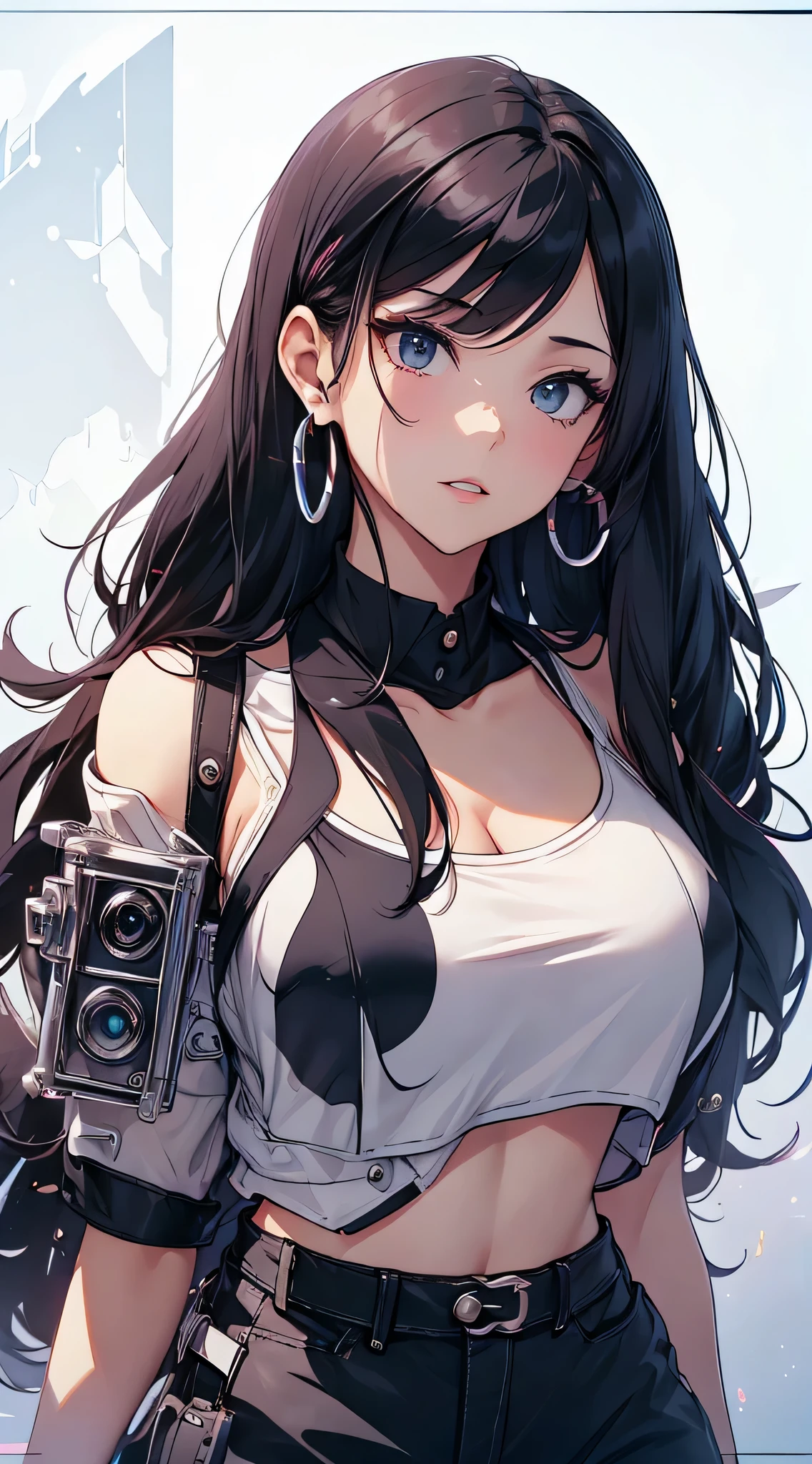 top-quality、Top image quality、​masterpiece、 girl((White shirt、Long black trousers、18year old、 Ager、Best Bust、big bast,Black eyes, Red hair、blue hairs、A slender,Large valleys、red lipstick makeup on eyelids、Cute earrings、銀の腕時計、Bring your chest together、Stylish shoulder bag、Red mesh、Leaning forward)),hiquality、Beautiful Art、Background with((white wall for photography、Multiple cameras、Shooting range))​masterpiece、depth of fields,Cinematic style