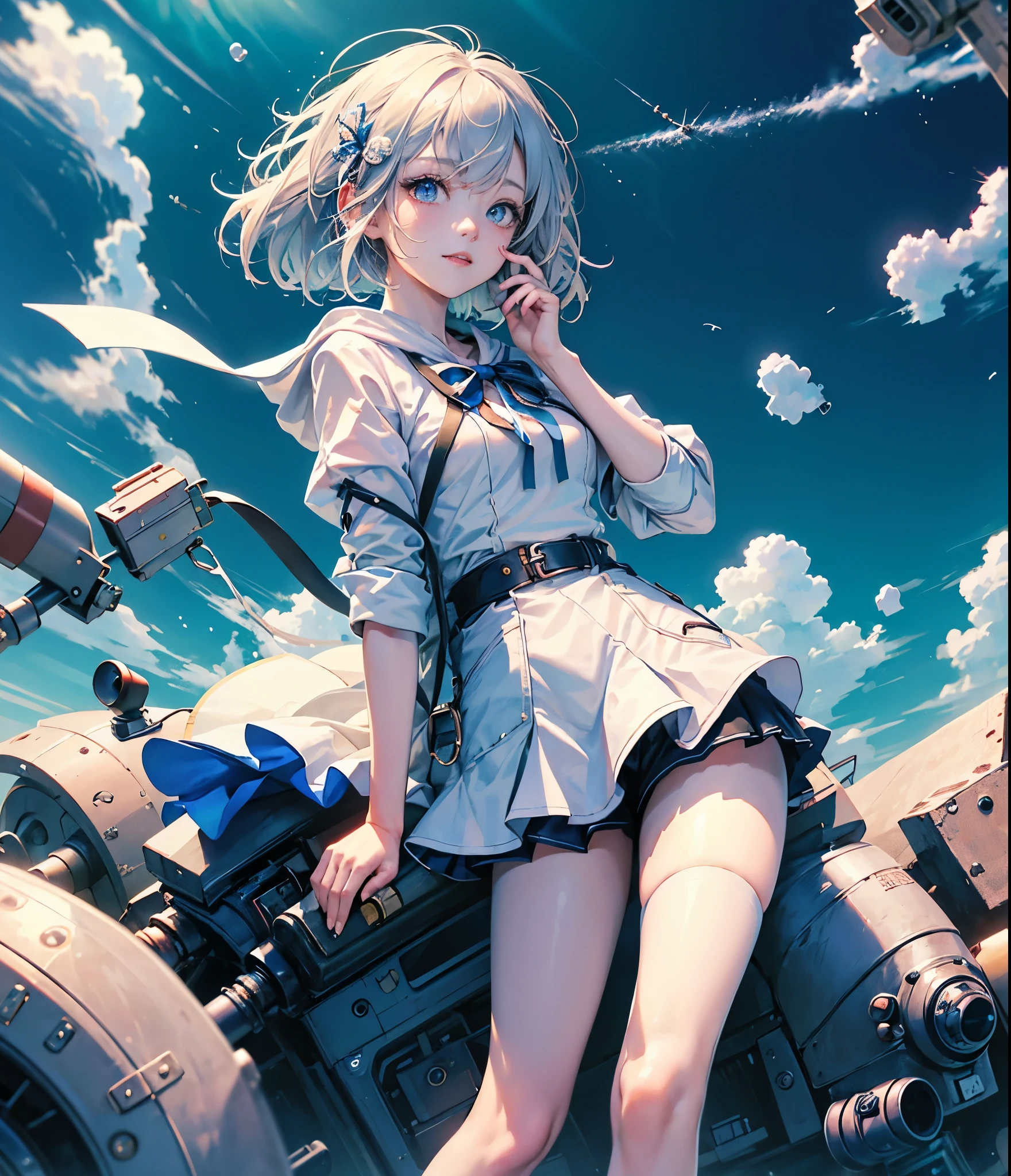 ((top-quality)), ((masterpiece)), ((ultra-detailliert)), (Extremely delicate and beautiful), girl with, report, cold attitude,((White hoodie)),彼女はwith theても(relax)with the(Settled down)Looks,depth of fields,Evil smile,Bubble, under the water, Air bubble,Underwater world bright light blue eyes,明るい白髪with the水色の先端を持つインナーカラー,,,,,,,,,,,,,,,,,,,,,,,Cold background,Bob Hair - Linear Art, shortpants、knee high socks、White uniform like school uniform、Light blue ribbon ties、Clothes are sheer、The hand in my right pocket is like a sapphire,Fronllesse Blue, A small blue light was floating、fantastic eyes、selfy,Self-shot、Bangs fall on the eyes, give a sexy impression.