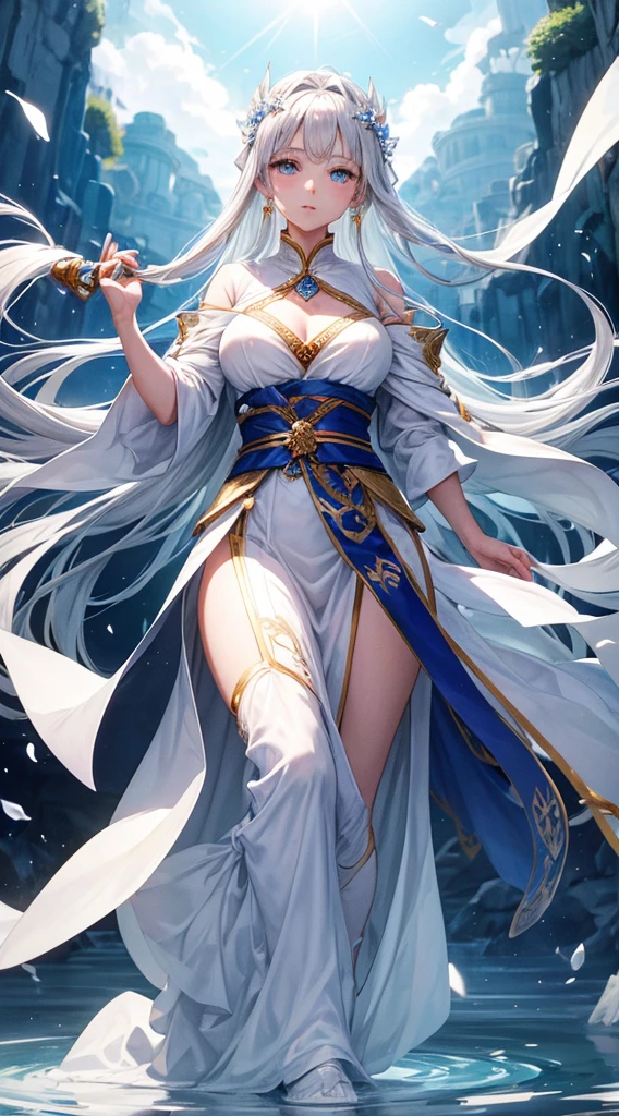 Beautiful female emperor, Crystal clear skin, Beautiful appearance, There is deep wisdom in her eyes, As if she saw through everything in the world, Dressed in a gorgeous white robe, holding a long sword, Robe fluttering in the breeze and silver hair fluttering in the wind