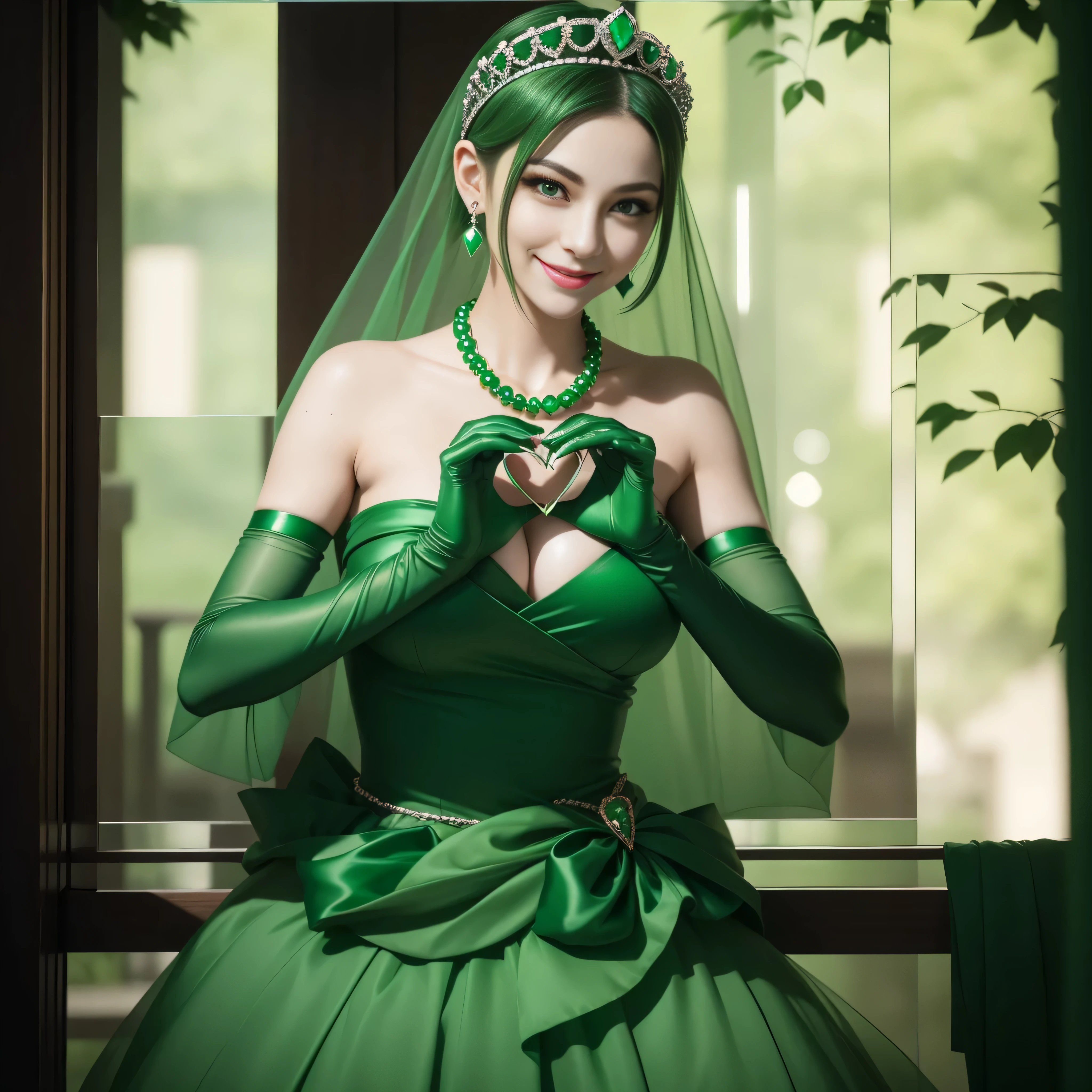 emerald tiara, Green Pearl Necklace, Boyish very short green hair, lipsticks, Japan woman smiling, very short short hair, big breasts beautiful, Green eyes, Long green gloves made of satin material, Green eyes, Emerald Earrings, green vale, 両Heart in the hand, Heart in the hand