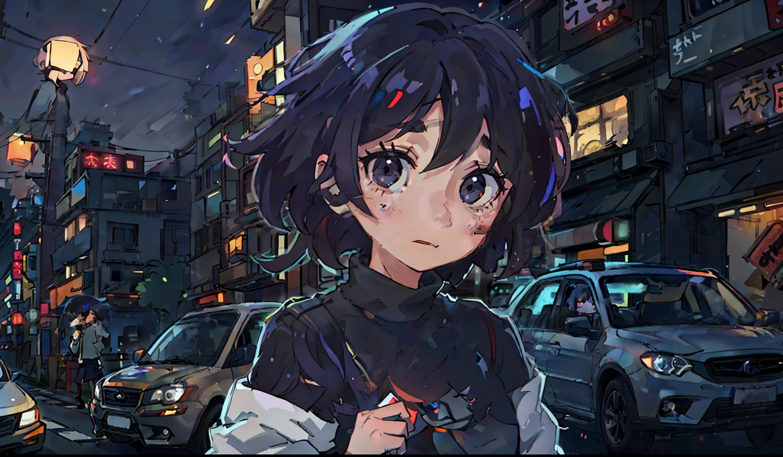 Girl in her 20s, City Background, Car, Night, tokyo prefecture, 80th quality: 0.8), (Best Quality: 0.8), perfect anime illustration, dark blurred face, Glowing eyes