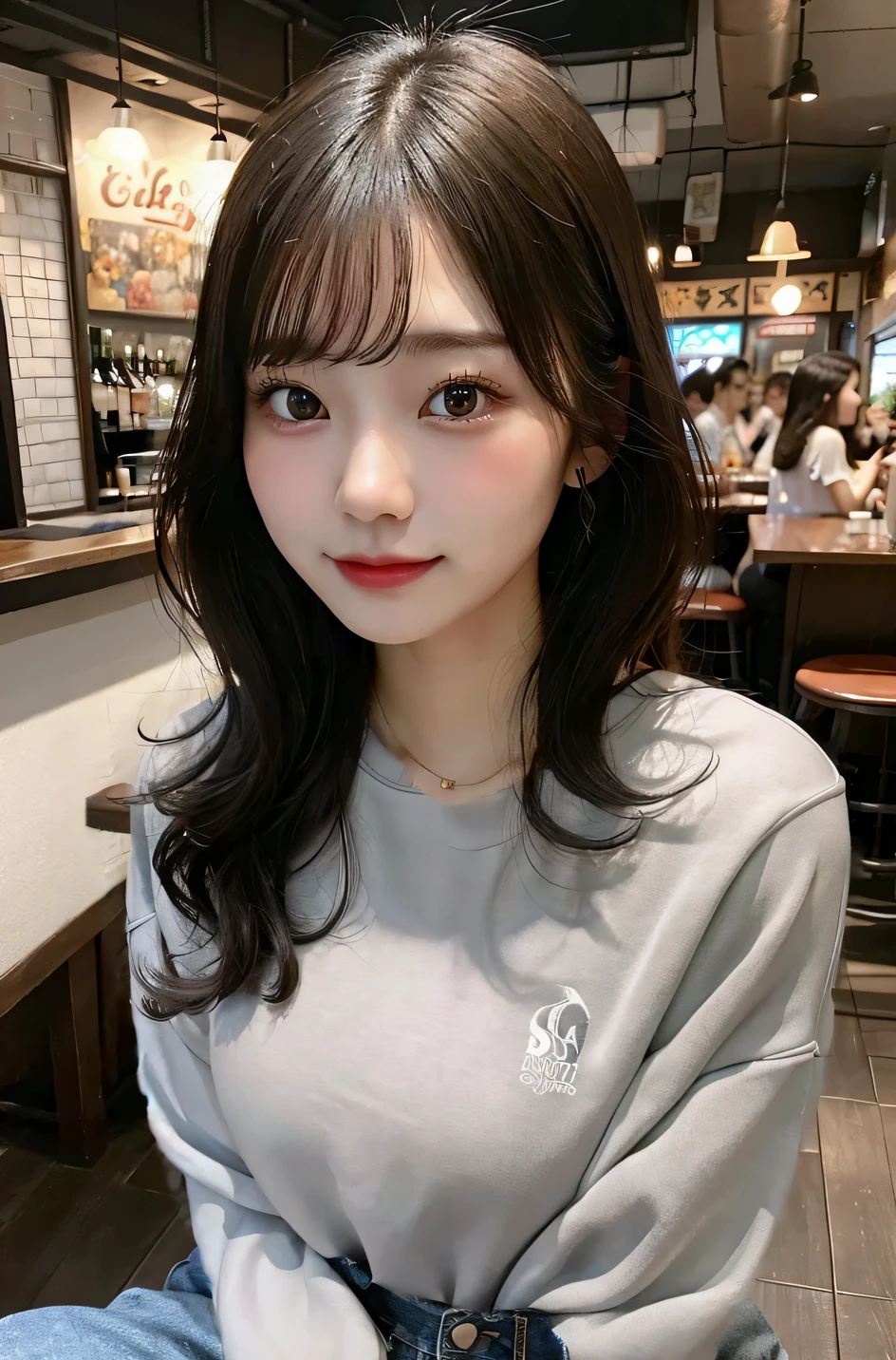 wearing a gray long-sleeved sweatshirt