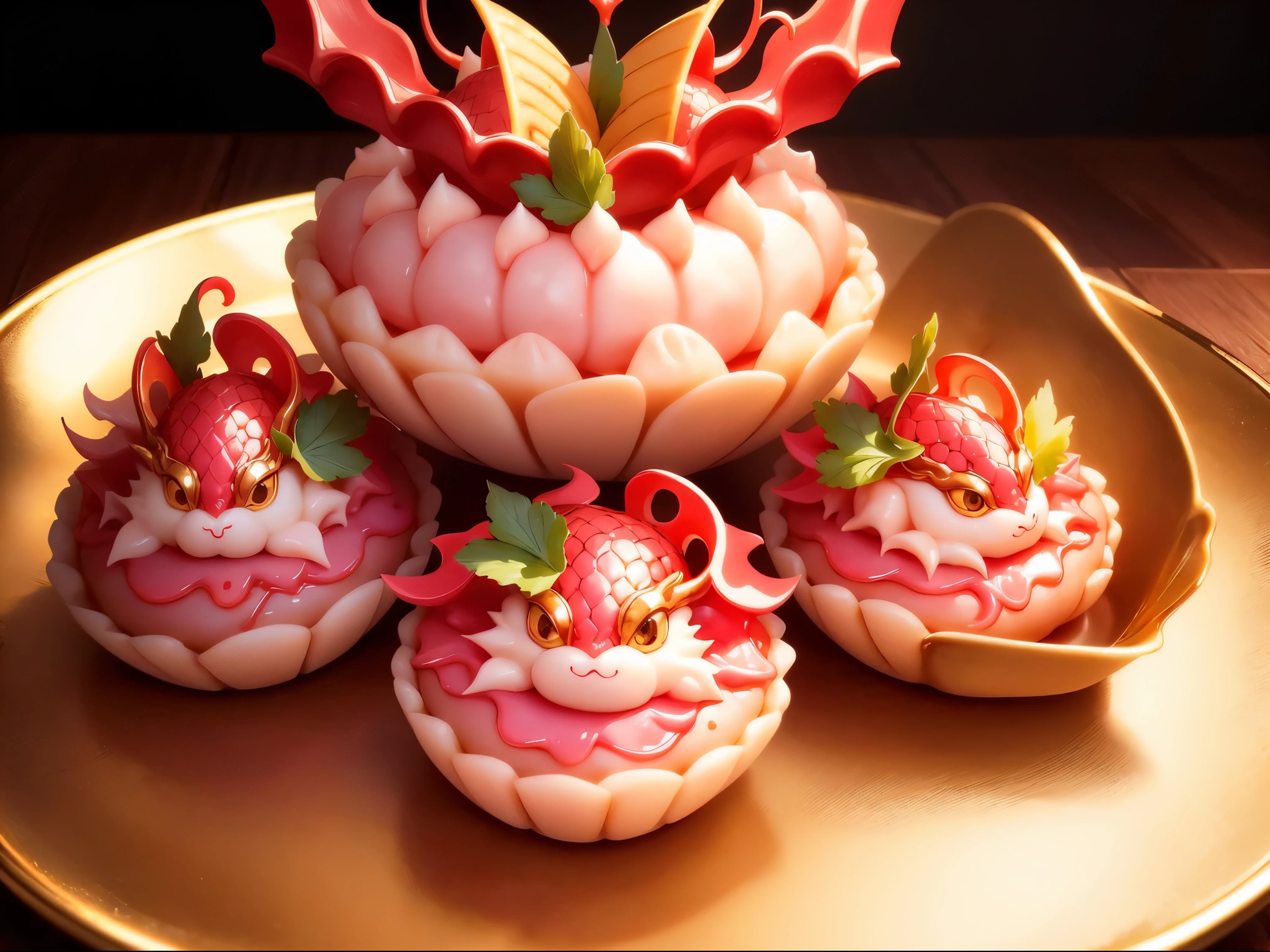 (best quality,4k,8k,highres,masterpiece:1.2),ultra-detailed,(realistic,photorealistic,photo-realistic:1.37), creative dumplings, pink dumplings, dragon dumplings, cute dragon dumplings