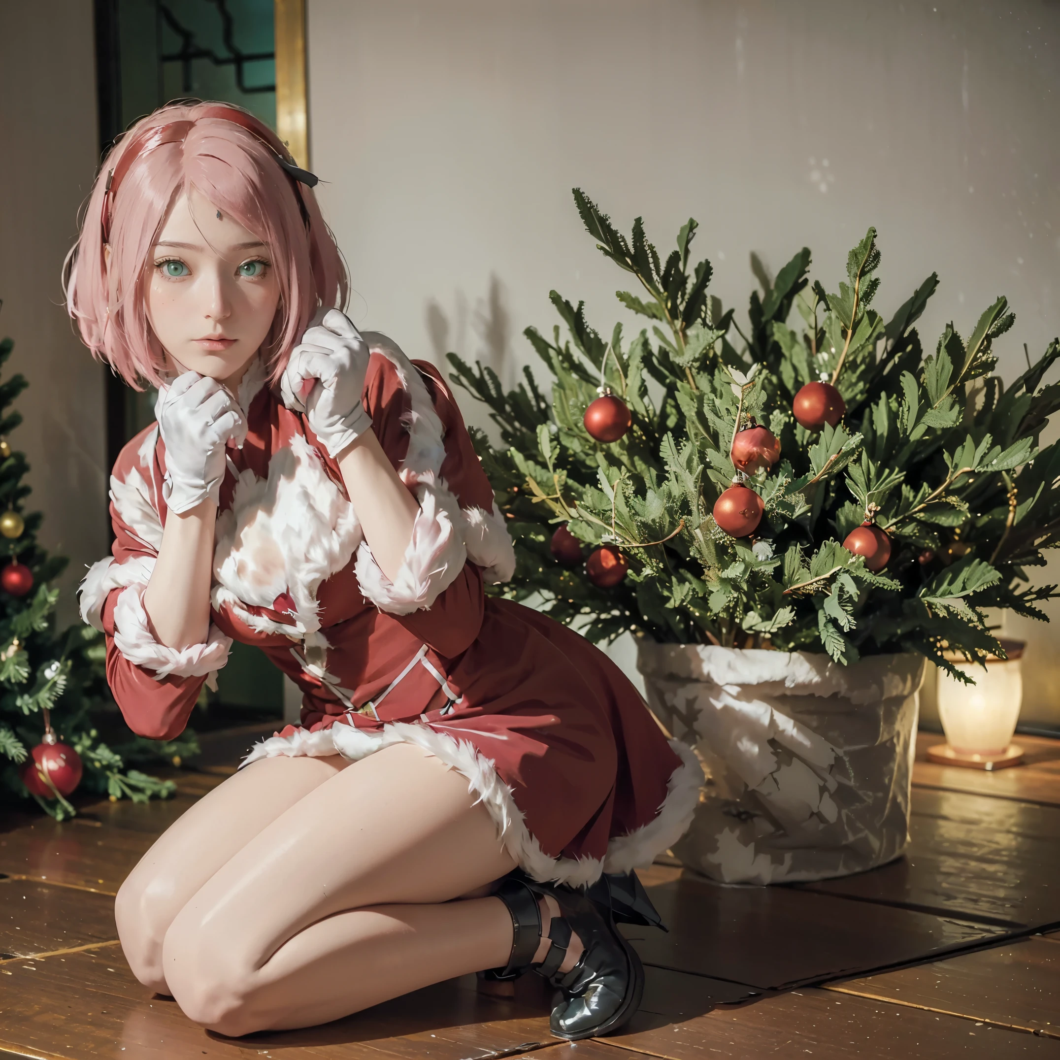 masterpiece, top-quality, top-quality, Beautifully Aesthetic:1.2, 1girl, Christmas night, ((Wearing a high-quality fur costume cat, gloves of cat, cat paw-shaped shoes, fur miniskirt):1.2), high detailed, (kneeling with paw pose:1.3), large breasts, firm breast, nicely shaped breasts, slender figure,
((Dark Brown Hair)), wavy short pink hair, ((short hair:1.2)),
((in A modern room of decorated for Christmas at late night:1.2)), (Upper body shot:1.1), (From below), (Focus on face:1.1), ((looking at viewer:1.2)),sakura haruno from naruto, beautiful girl with green eyes , beautiful girl with green eyes