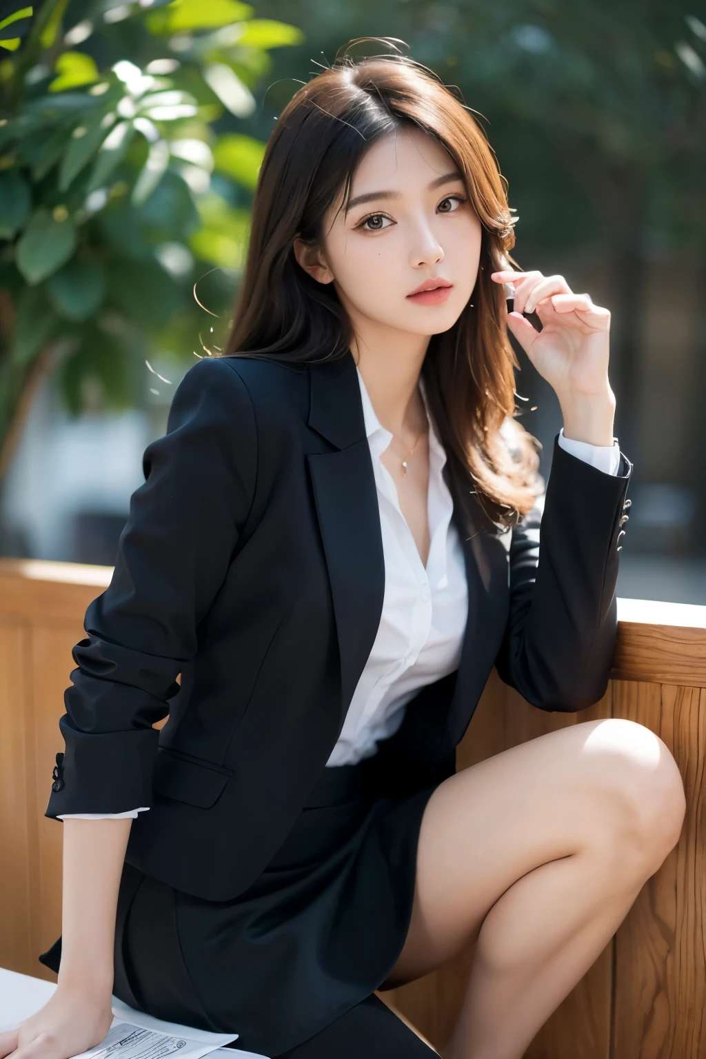 quality, tmasterpiece, 1 girl, pretty face, (realistic pictures:1.3), edge lit, (highdetailskin:1.2), 8k ultra high definition, SLR camera, high qulity, A high resolution, 4K, 8K, bokeh, absurderes, The optimal ratio of four fingers and one thumb, (of a real:1.3), petty face, cute one-girl, black formal blazer, middlebreast, short skirt,office room