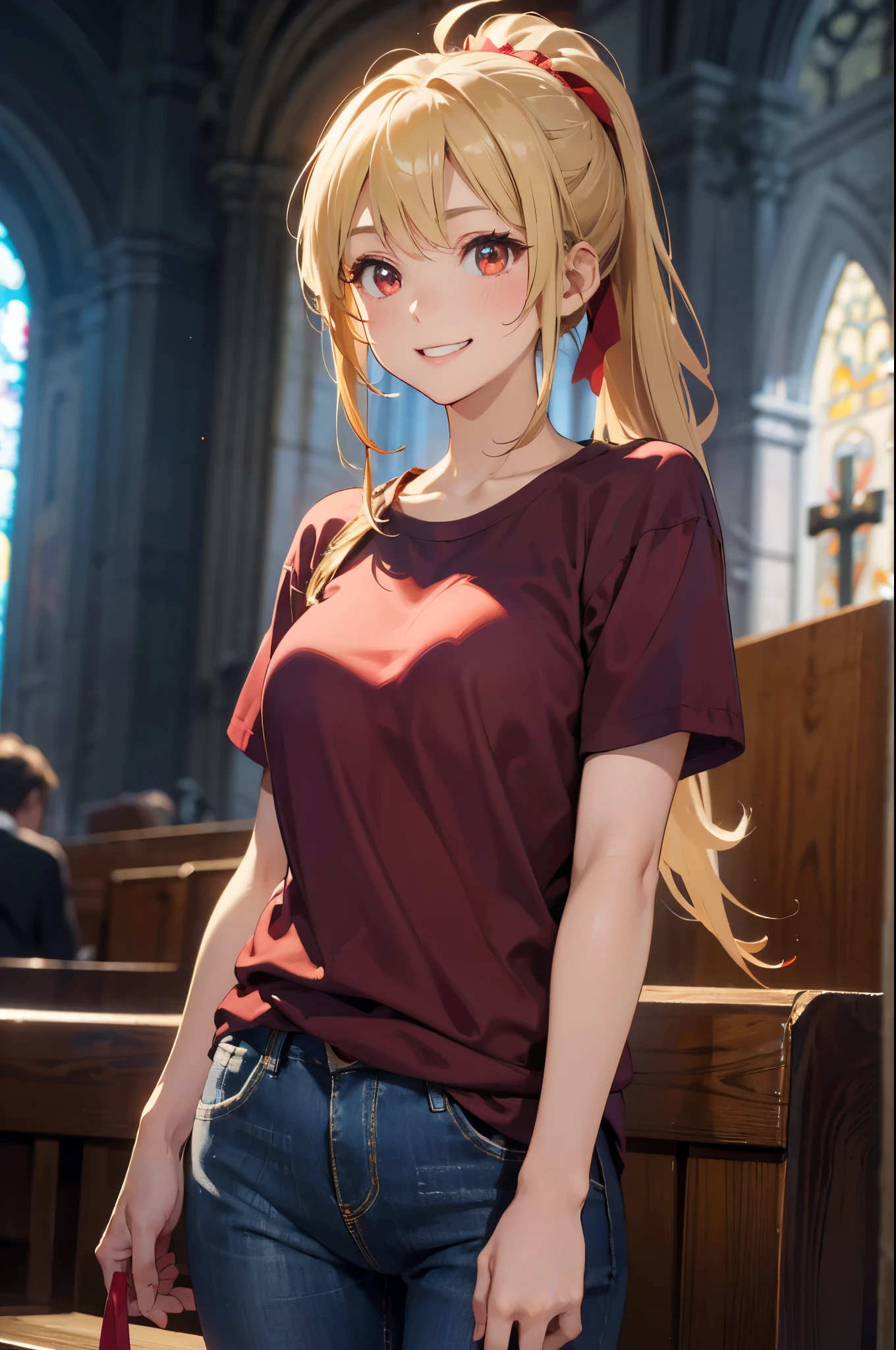 Blonde ponytail、Ahoge、big round red eyes、A slight smil、Laugh、I love you、gather in front of the church、Red Riders Jacket、white t-shirts、Illustration of a beautiful girl wearing long jeans pants