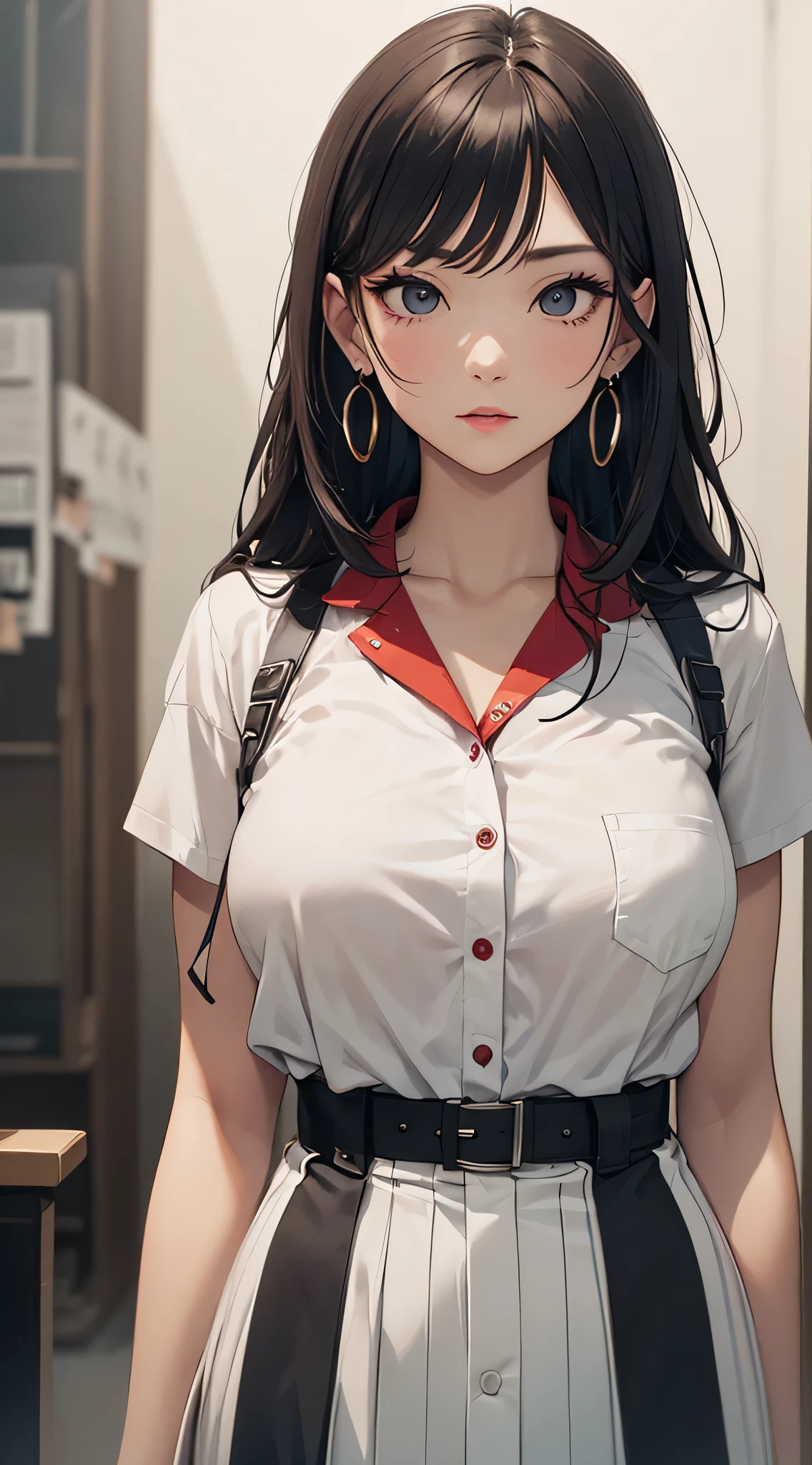 top-quality、Top image quality、​masterpiece、Teenage girl((White shirt、Long black trousers、18year old、 Ager、Best Bust、big bast,Black eyes, Red hair、blue hairs、A slender,Large valleys、red lipstick makeup on eyelids、Cute earrings、銀の腕時計、Bring your chest together、Have a digital camera)),hiquality、Beautiful Art、Background with((White space、Photography Studio))​masterpiece、depth of fields,Cinematic style
