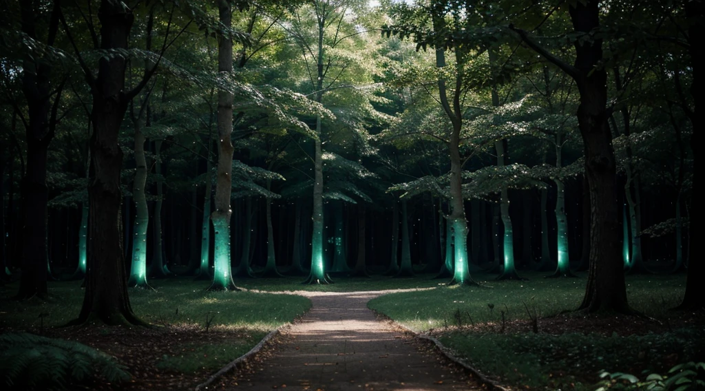 A magical forest filled with luminous trees and glowing creatures.