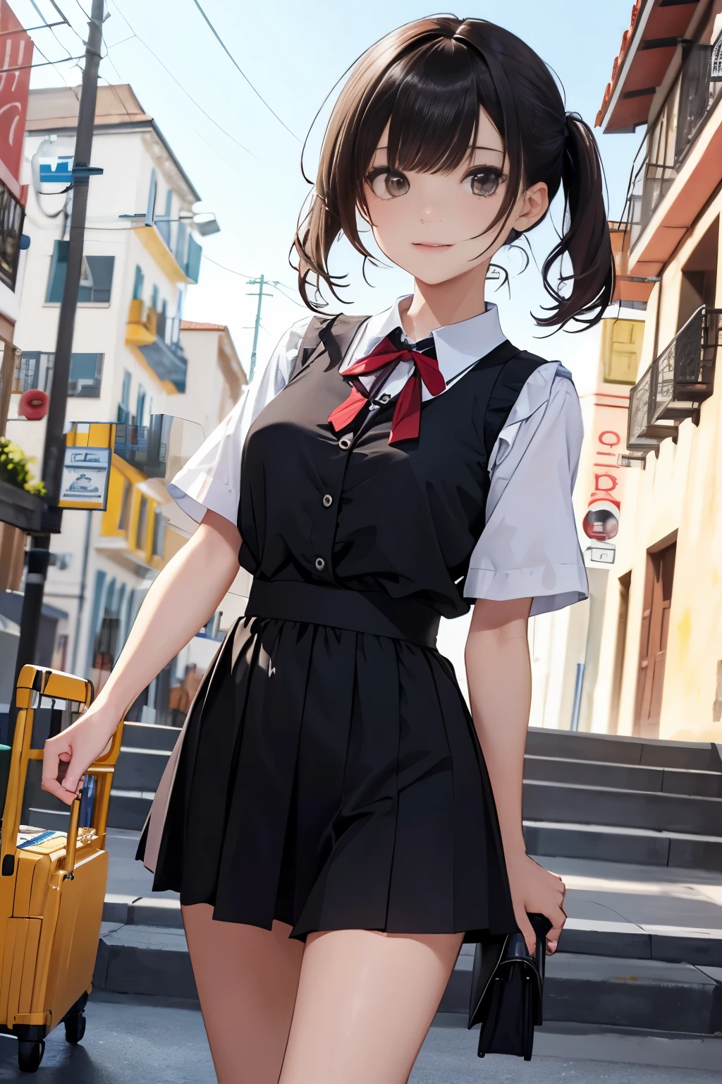 master part, Altas, absurdos, textura,3meninas, tiro em grupo de estudantes, , meninas em roupas escolares, saia, Camisola Escolar, medium breasts, clivagem, Cityscape, olhar de paquera, ((Very detailed)), (rosto perfeitamente detalhado), (Very detailed hand) imagem fotorrealista.