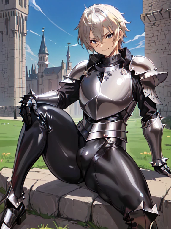 (((Official art,superfine illustration,hight resolution, masutepiece, best qualtiy,Best Quality:1.2))),hightquality, detaileds, (A ),12 years oknight male idol with a super cute face,A boy as beautiful as Planding, Cool handsome face with smile, soccer spike, Long legs, thighs thighs thighs thighs, footrest bulge), (Blonde hair、Spiky hairstyle)、Shiny hair, (tight black inner bodysuit), ((Medieval armor、Silver Knight Armor:1.2)), tussock, Cool pose, (厚いthighs thighs thighs thighs、Seduce your big ass to your crotch)、(((a medieval castle)))、((cocky、))、Smirk、Spread legs,Ultra-fine painting,,(((Being aware of the sexual gaze of middle-aged gay men)))、Service Shots、((detailedsな目:1.2))、The eyes peeking through the gaps in the armor are cute、nobles、Puffiness in the crotch area、
