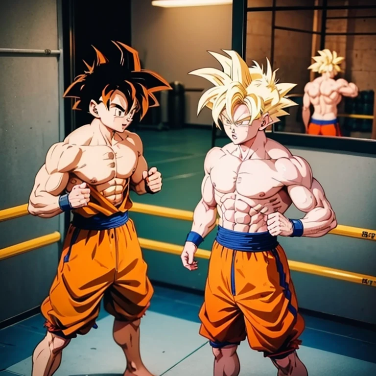 (Eine detaillierte Zeichnung von Son Goku, bodybuilding gym.), shirtless, barefoot, mma, boxing