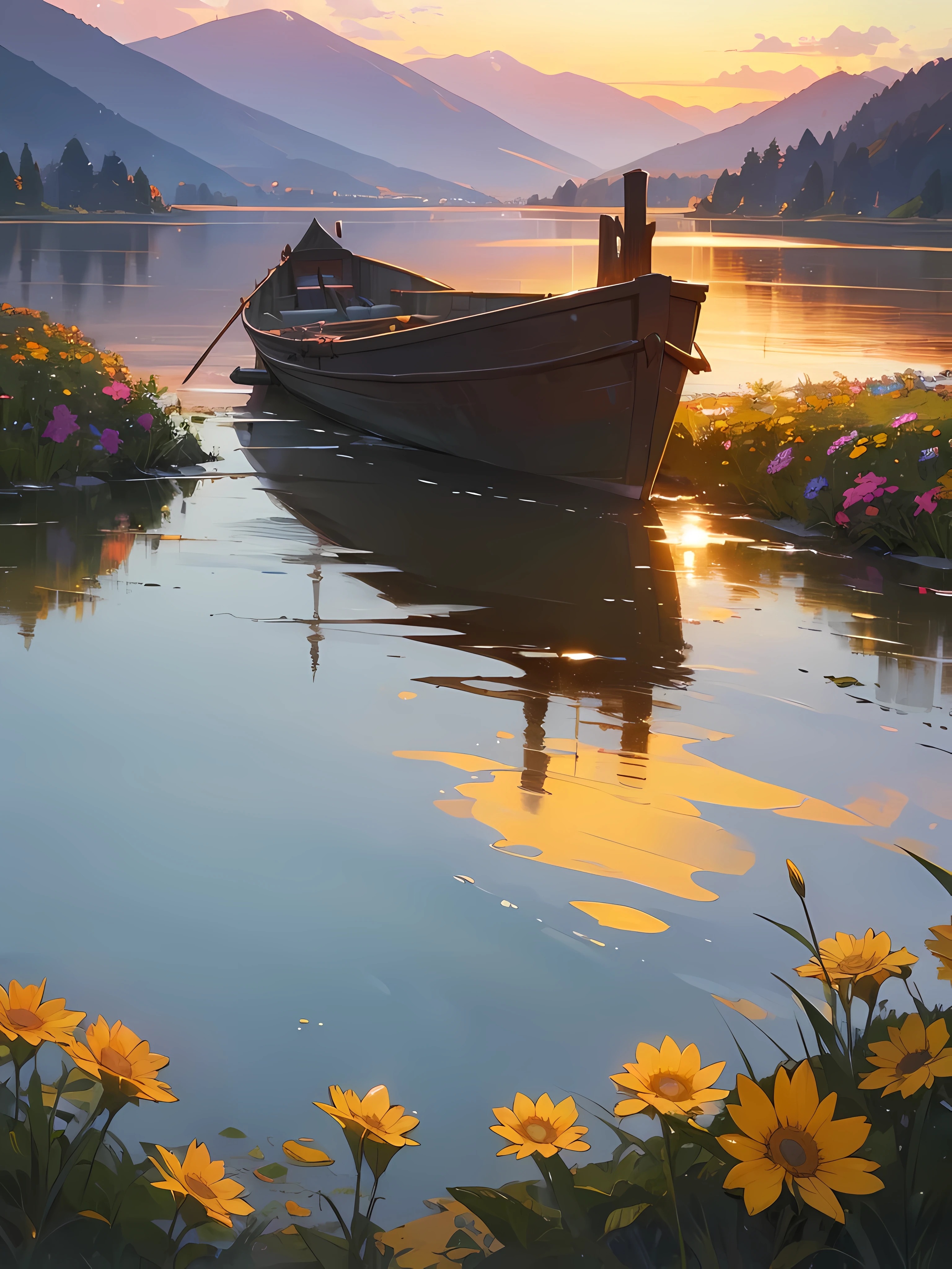 no_humans, (masterpiece, best quality:1.2), hill station, lake, boat closeup, mountains in distance, flowers, photorealistic sunset, neutral density, after rain, colorful, hdr