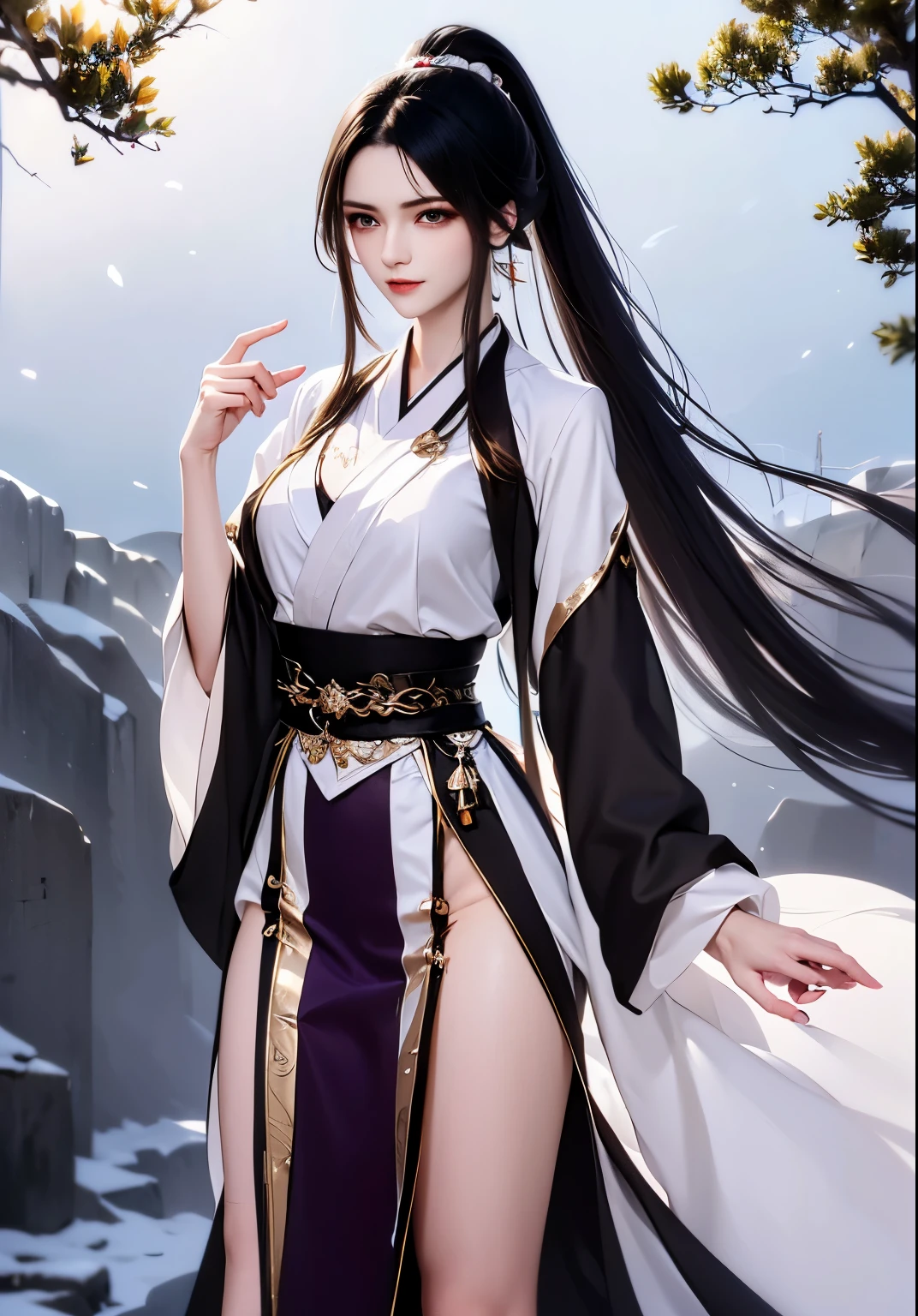 Best image quality，Purple long sleeve hanfu，A woman with white hair，Wear long white gloves，Walk in the forest，nevando，the night，starrysky，big blue wings