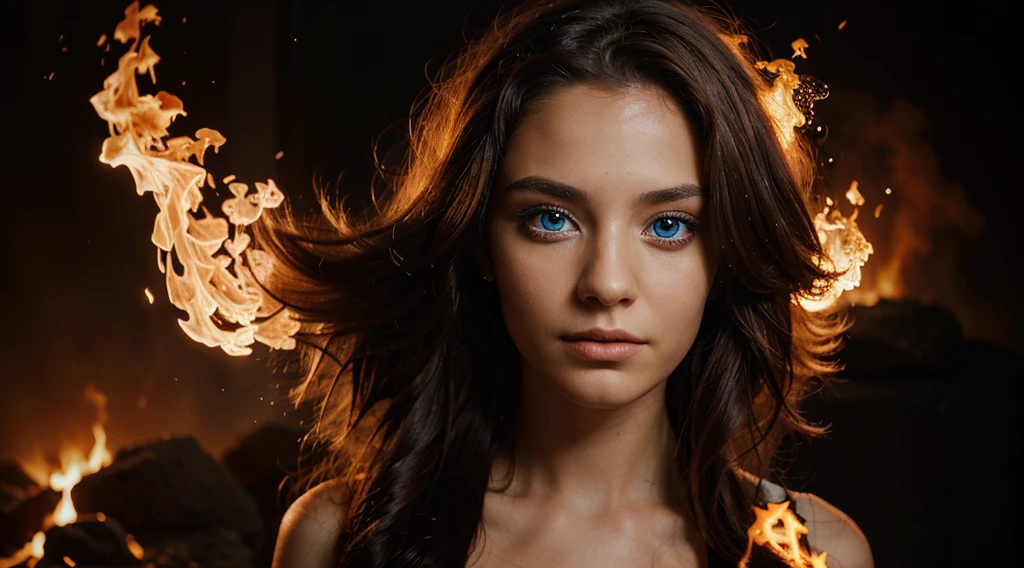 A portrait of a person with surreal elements: galaxy eyes and hair made of flames.