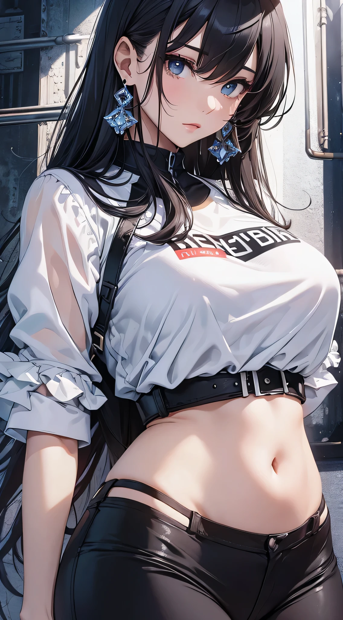 top-quality、Top image quality、​masterpiece、 girl((White shirt、Long black trousers、18year old、 Ager、Best Bust、big bast,Black eyes, blue hairs、A slender,Large valleys、red lipstick makeup on eyelids、Cute earrings、銀の腕時計、Bring your chest together、Have a digital camera)),hiquality、Beautiful Art、Background with((White space、Photography Studio))​masterpiece、depth of fields,Camera Film Style