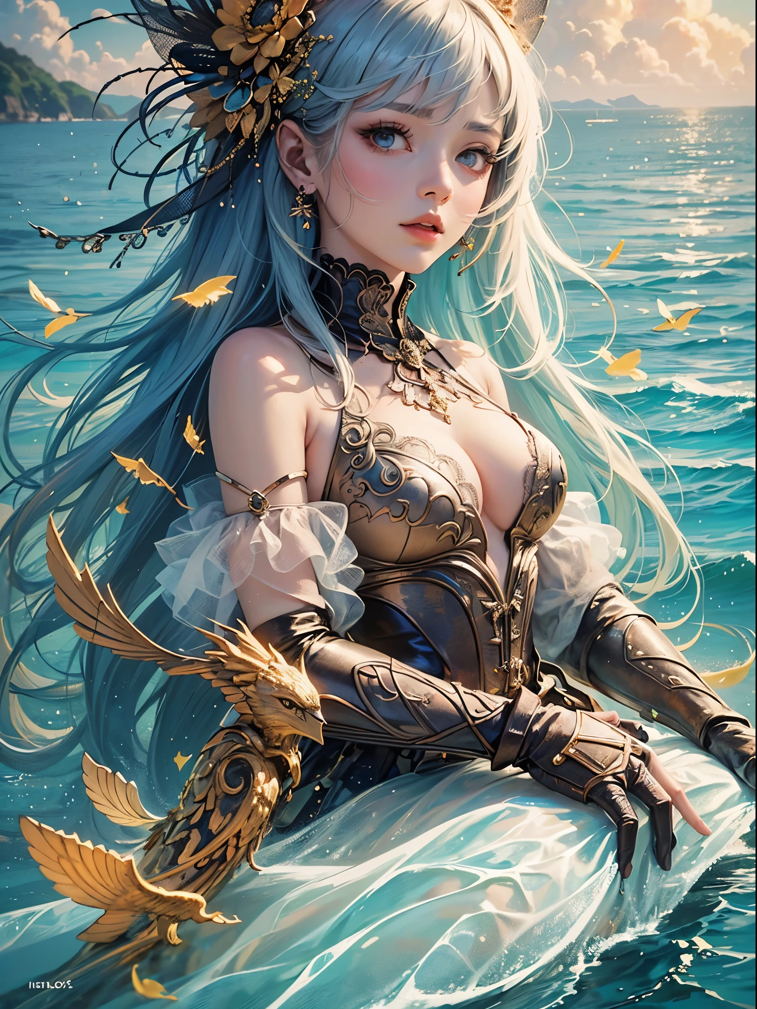 art, Unity 8k壁纸, Ultra-detailed, Beautiful and aesthetically pleasing, (s fractal art: 1.3), flower, girls, (Hairstyles: Long hair) Ocean, Extremely detailed, Cowboy shot, The most beautiful, Seafoam, Buble, cute big breasts, ultra quality, random background, random dress, --auto --s2
