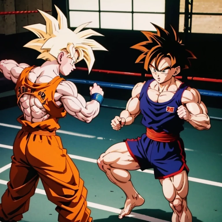 (Eine detaillierte Zeichnung von Son Goku, bodybuilding gym.), shirtless, barefoot, mma, boxing