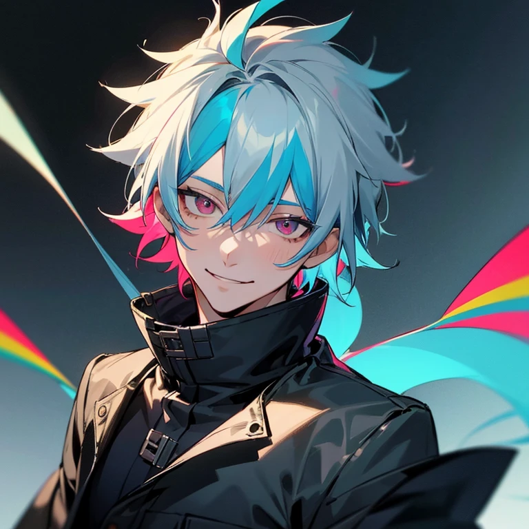 1 adult, grow up guy, male, man, 28 years old, multicolored eyes, light blue hair, short dark gray hair, multicolored hair, smiling, black long jacket, sarcastic