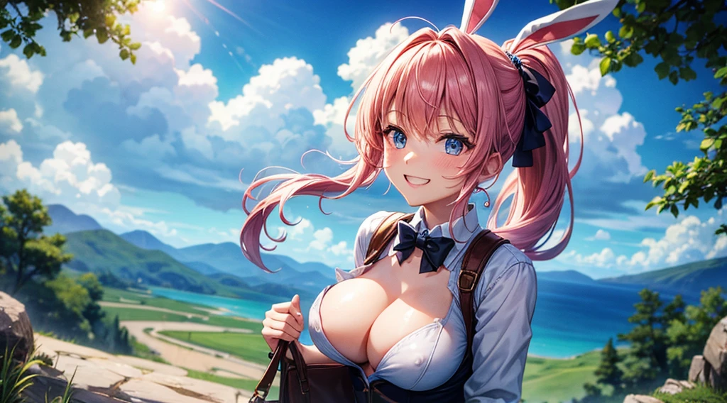 1girl, solo, village, trees, sun, clouds, ((colorful hair)), ponytail, large breasts, ((bunny girl)), cleavage, nipples, blue eyes, grin, looking at the viewer, ((standng)), hair ribbon