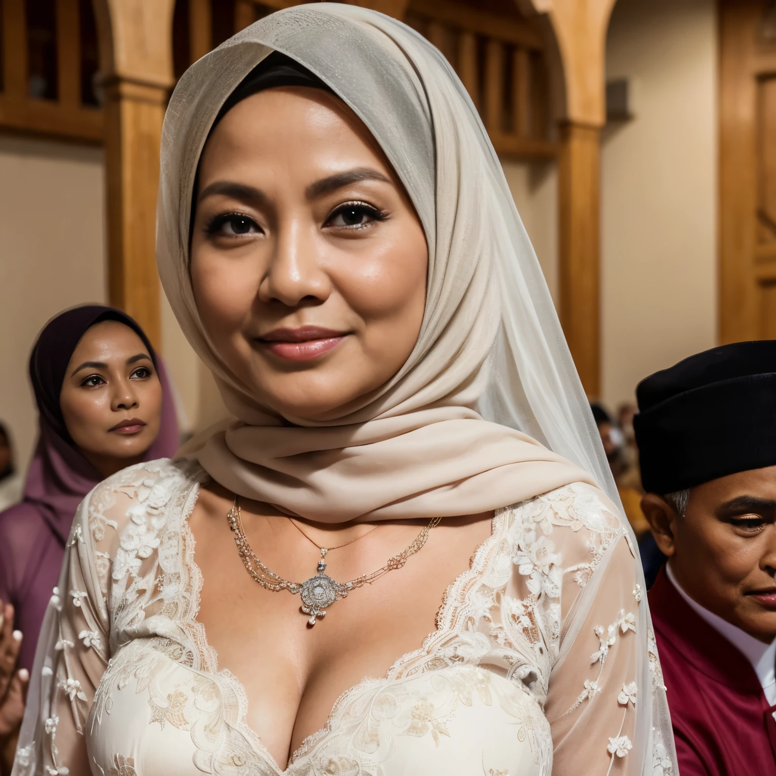 58 Years old, Indonesian mature woman, wearing Wide Hijab, perfect , natural Gigantic Mature breast : 126.9, gorgeous eyes, Soft smile, wear a Lace Gown, No Wearing Bra, necklace, Breast about to burst out, at Wedding Ceremony, looking at wedding couple, give applause