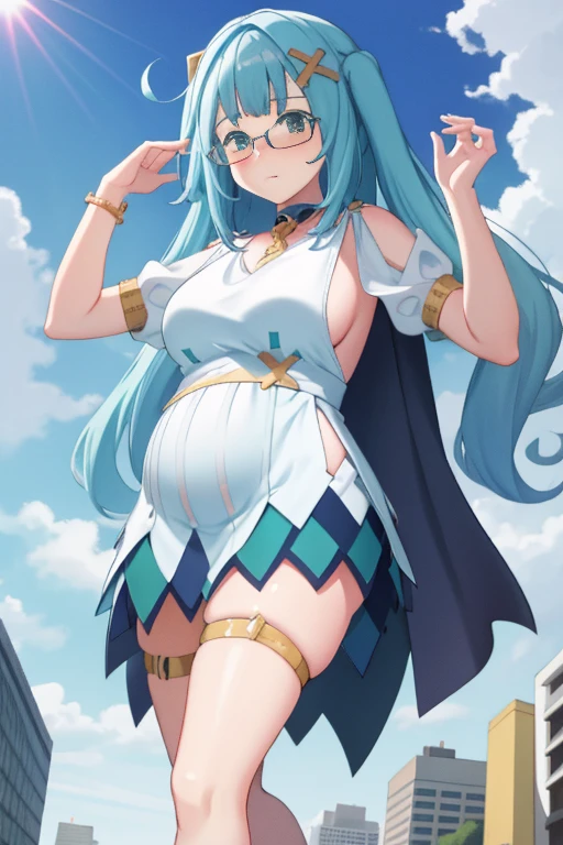 Giant maiden,Moe two-dimensional style,Pregnancy status,Round belly,Gaze at the bustling city, Looking at viewer, Burp, Burping, Lying down, Glasses, Embarrassed, Full body