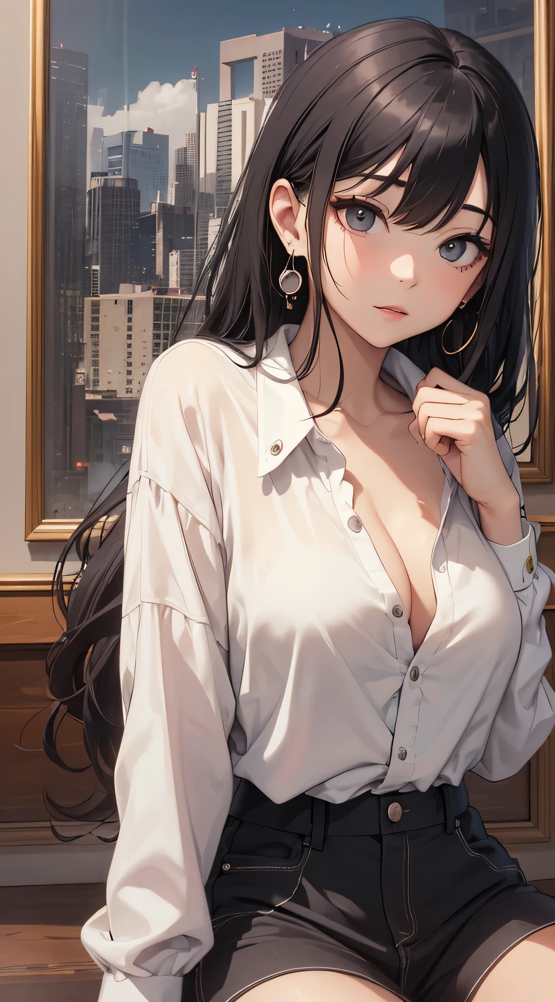 top-quality、Top image quality、masterpiece、 girl((White shirt、Long black trousers、18year old、 Ager、Best Bust、big bast,Black eyes, blue hairs、A slender,Large valleys、red lipstick makeup on eyelids、Cute earrings、銀の腕時計、Bring your chest together、Sit up、Girl sitting)),hiquality、Beautiful Art、Background with((white walls、Photography Studio))masterpiece、depth of fields,Camera Film Style