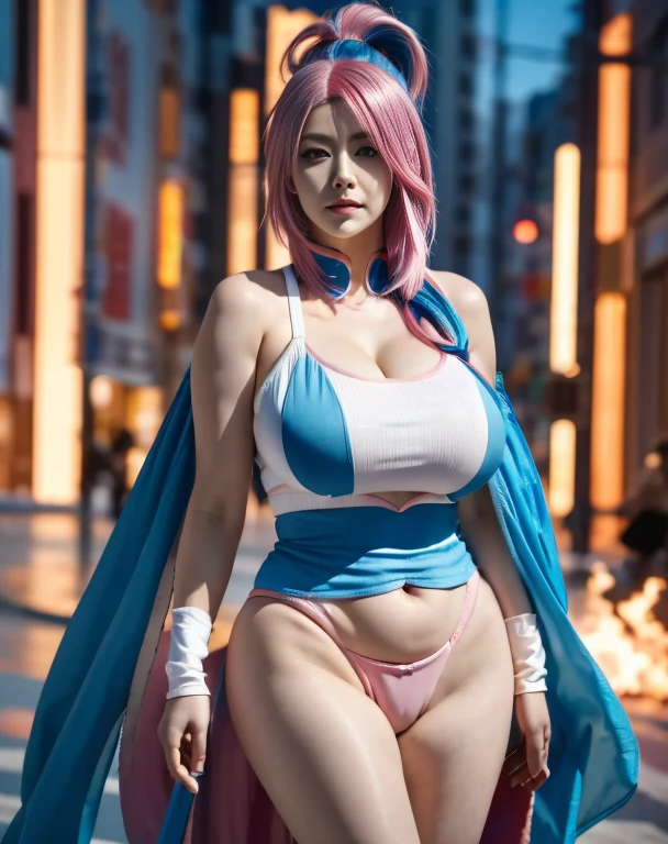 Best quality at best, 4K, tmasterpiece, The is very detailed, high detal, 1 plump girl, Alone, Perry, Blue hair, hair covering one eye, Colorful hair, dual horsetail, with pink hair, red eyes, two tone color hair, armour, ssmile, burning city background,.
