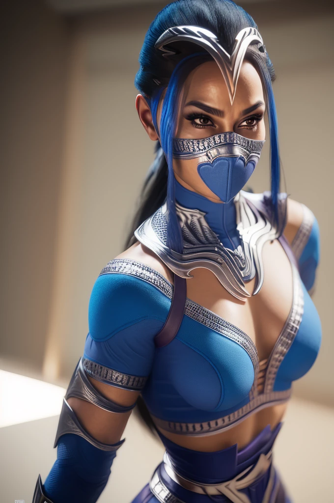 princessa kitana de uma peca , 8k , 4k , hdr , high definition , olhos brilantes , cabelos longos e lizos prezo , roupa ninja leg azul , corpo sensual e delicado , maos nos cabelos , vista por traz , corpo inteiro , bunda , ass , segurando um leque com facas , em pose de luta , com mascara ninja no rosto .