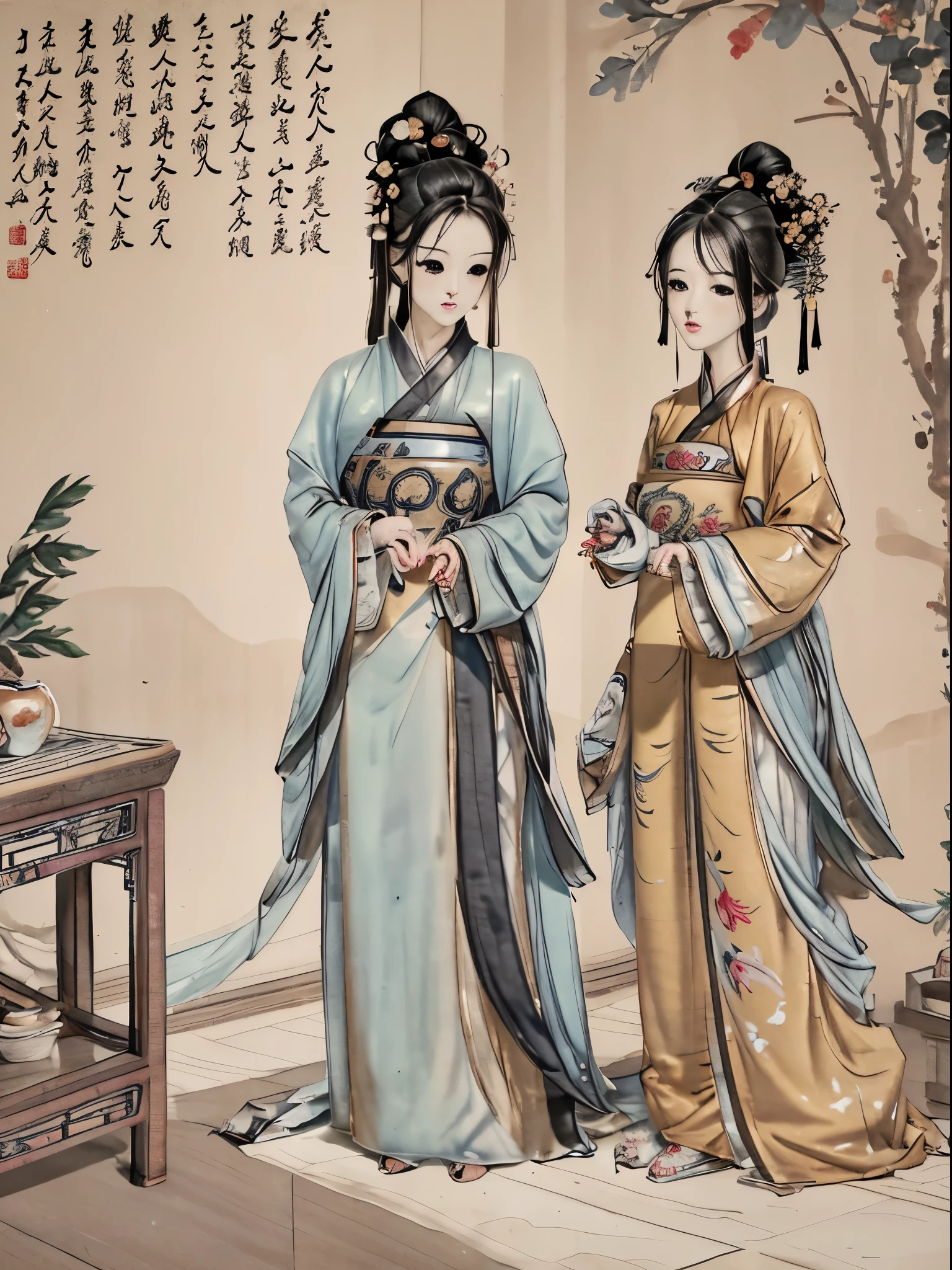 a close up of a full colour painting of people in a landscape, ancient chinese beauties, qing dynasty painting, by Wang Lü, su fu, mu pan, by Lü Ji, song dynasty, ancient china art style, chinese painting, robed figures sat around a table, by Wang Hui, by Yun Du-seo, old chines painting, traditional chinese painting