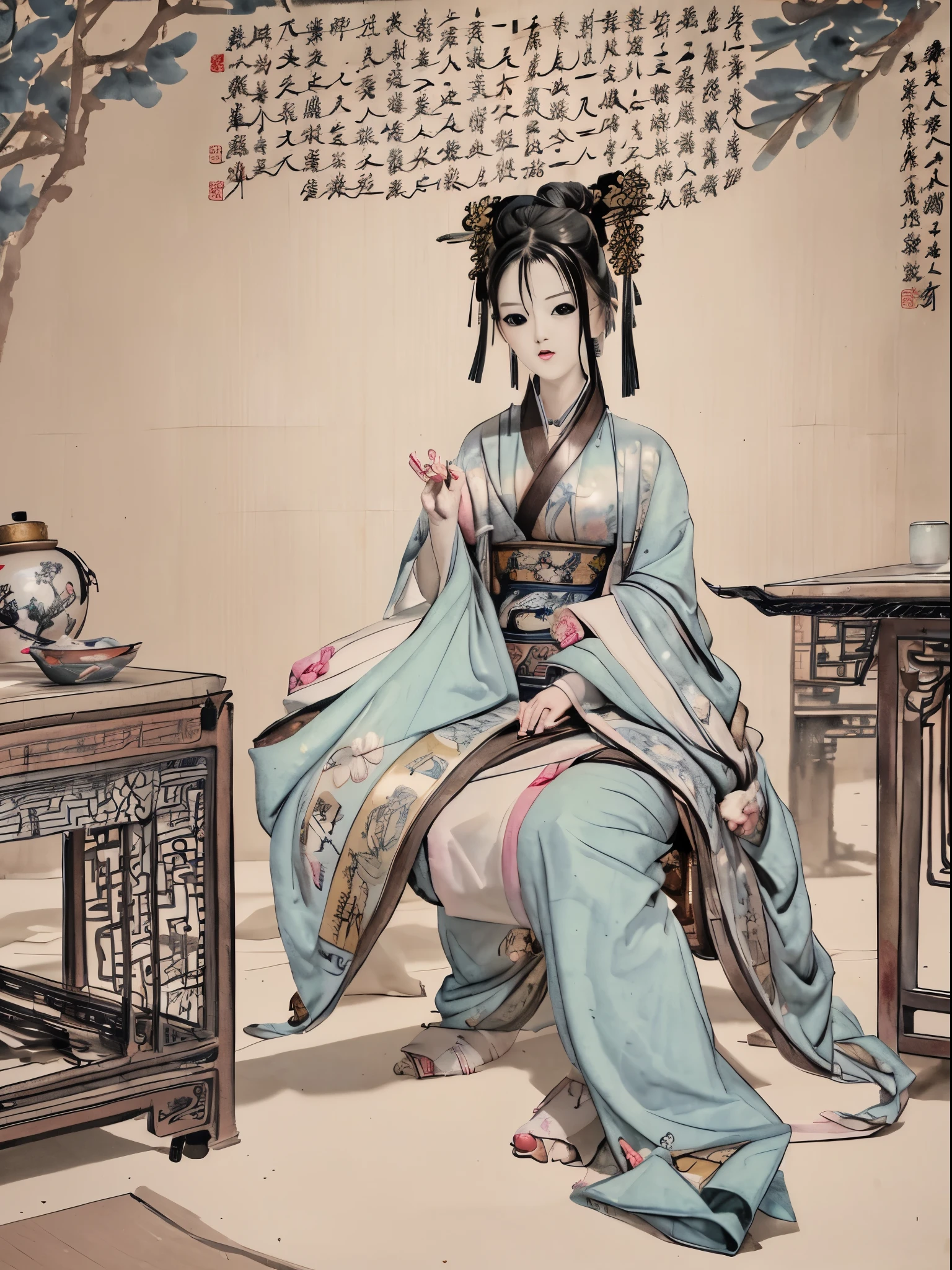 a close up of a full colour painting of people in a landscape, ancient chinese beauties, qing dynasty painting, by Wang Lü, su fu, mu pan, by Lü Ji, song dynasty, ancient china art style, chinese painting, robed figures sat around a table, by Wang Hui, by Yun Du-seo, old chines painting, traditional chinese painting